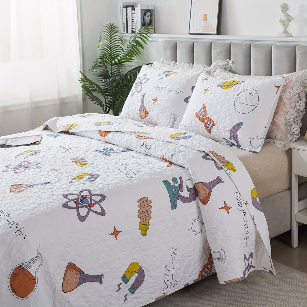 2\u002F3pcs 100% Cotton Popular Science Theme White Quilt Set, Science Symbol Maths Formula Print Modern Summer Bedspread Set, Soft Breathable Lightweight Neutral Coverlet Bedding Sets, for All Season, Twin Queen King, (Twin Is 2pcs)