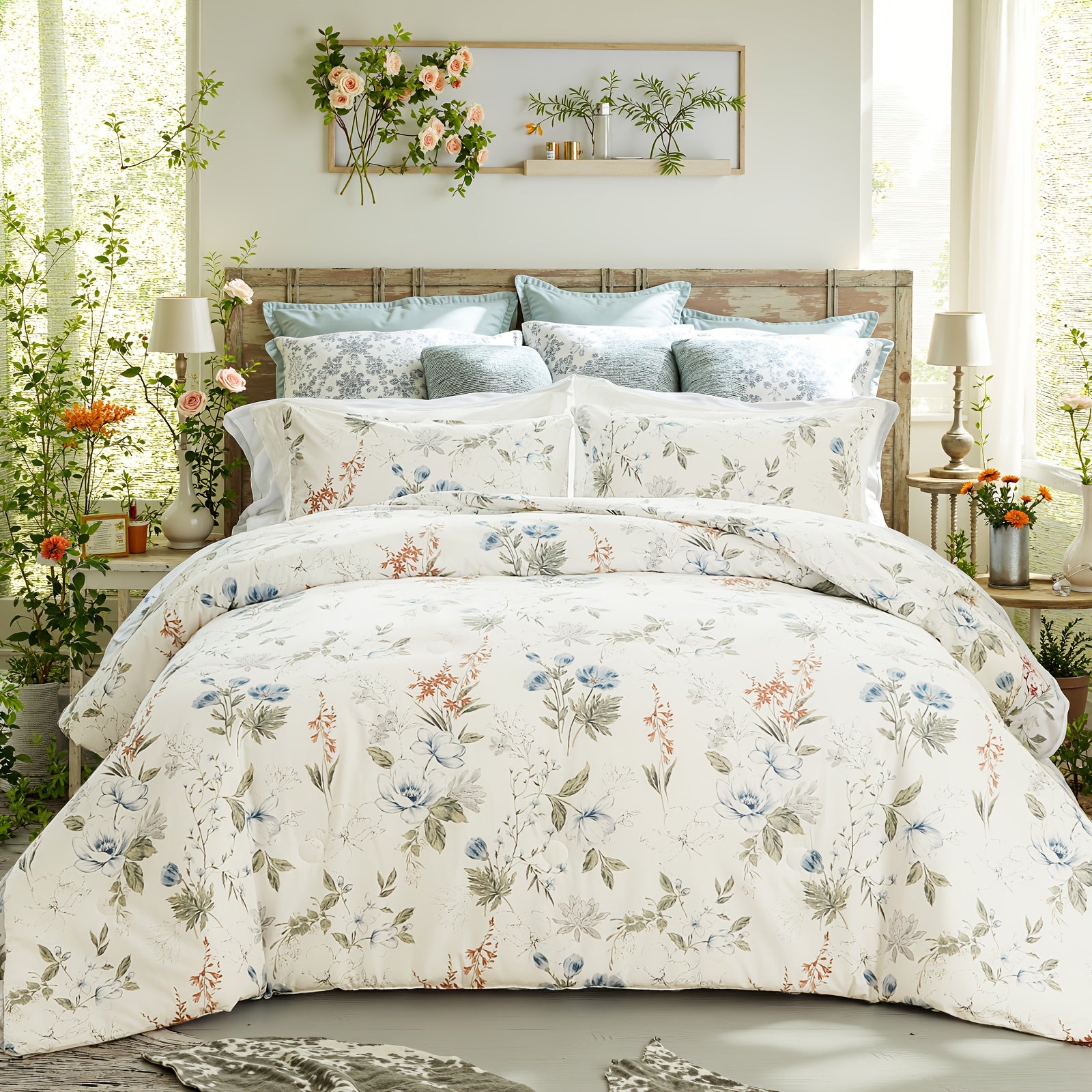 Herside Floral Duvet Cover Set 100% Cotton Reversible Floral Duvet Cover Set with Zipper Closure 3pcs Soft & Breathable Bedding Comforter Cover