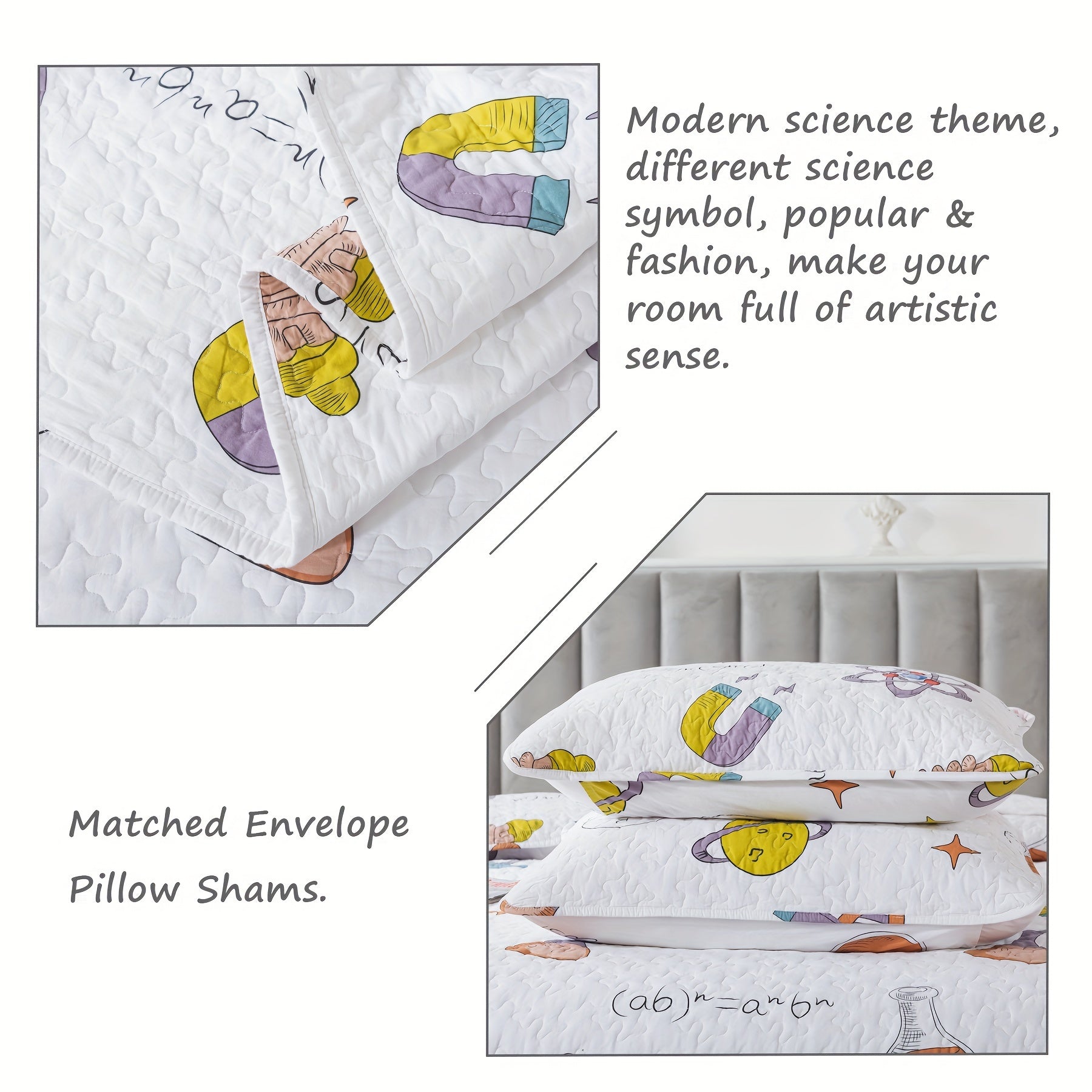 2\u002F3pcs 100% Cotton Popular Science Theme White Quilt Set, Science Symbol Maths Formula Print Modern Summer Bedspread Set, Soft Breathable Lightweight Neutral Coverlet Bedding Sets, for All Season, Twin Queen King, (Twin Is 2pcs)