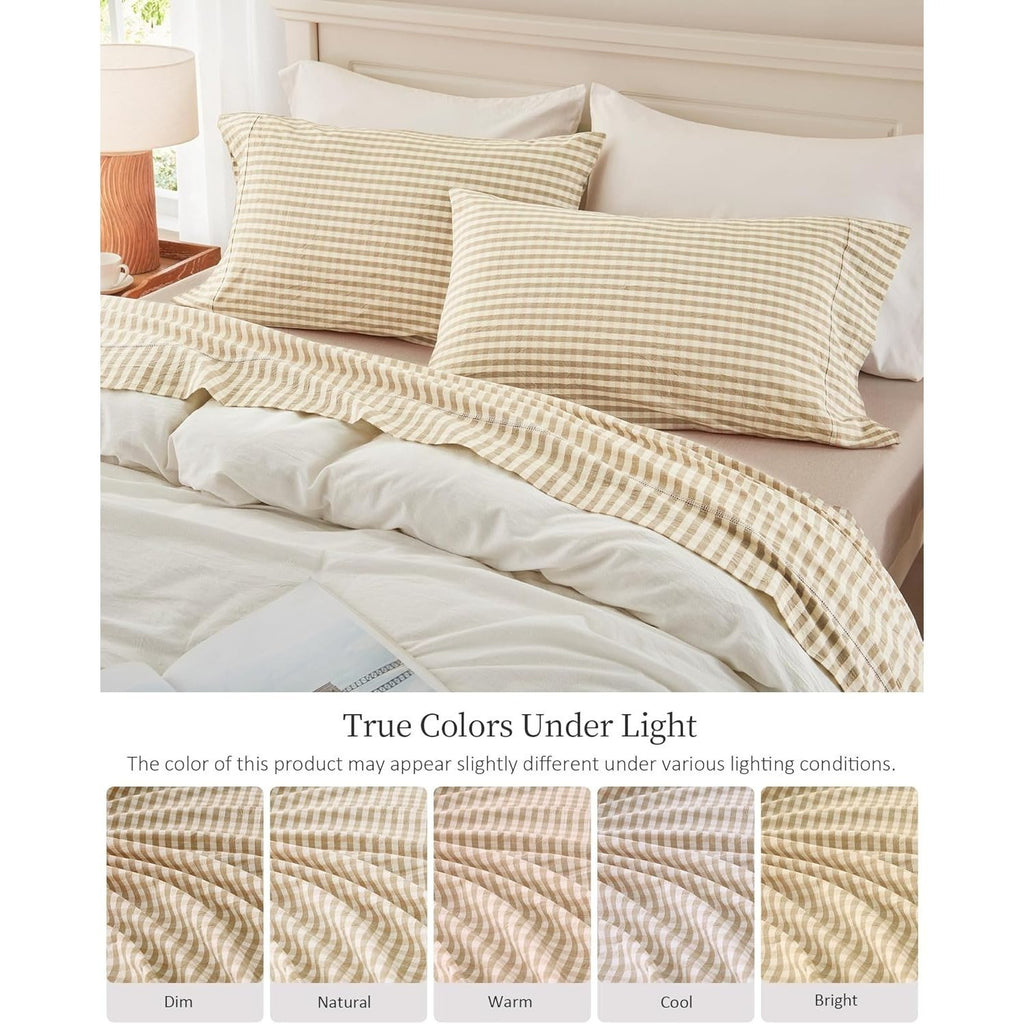 4-Piece Gingham, Fitted Sheet Set ( 1*Deep Pocket Flat Sheet + 1* Fitted Sheet + 2*Pillowcases, Without Core) - 100% Washed Cotton, Ultra-Soft .Machine Washable,Breathable, Comfortable, For Bedroom, Guest Room