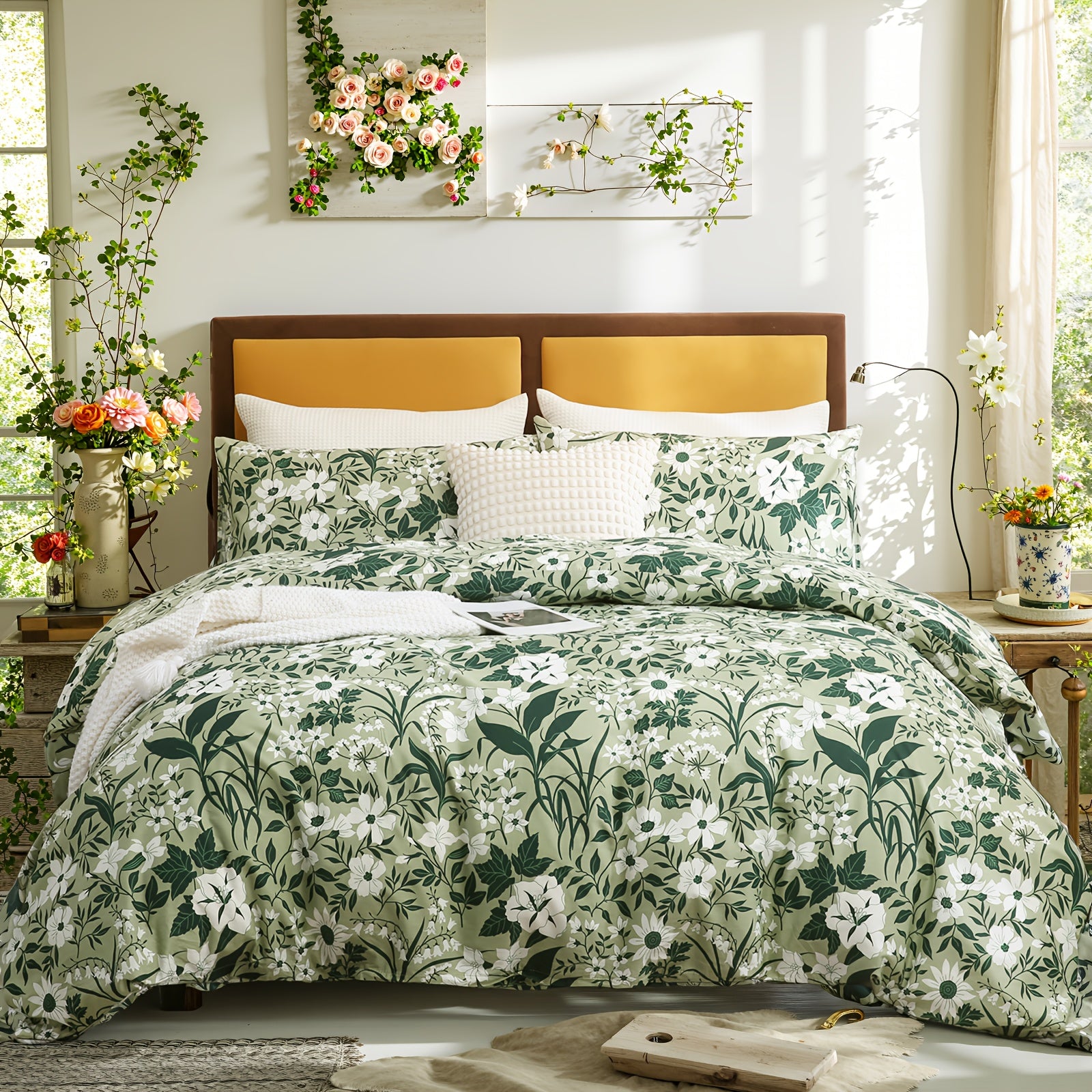 Herside Floral Duvet Cover Set 100% Cotton Reversible Floral Duvet Cover Set with Zipper Closure 3pcs Soft & Breathable Bedding Comforter Cover