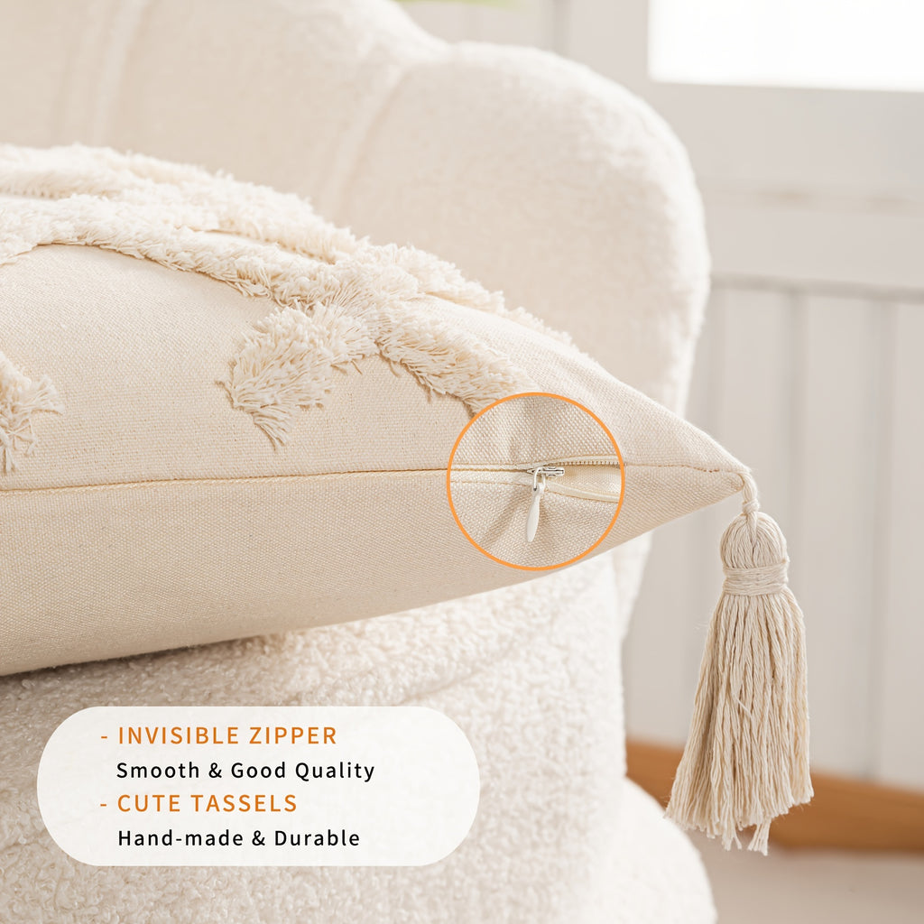 Beige Throw Pillow Covers 18×18 Inch, Set of 4 Boho Decorative Pillow Case, Farmhouse Cushion Cover with Tassels, Home Decor for Bedroom, Living Room, Sofa, Couch, Office, Hotel, RV, No Insert