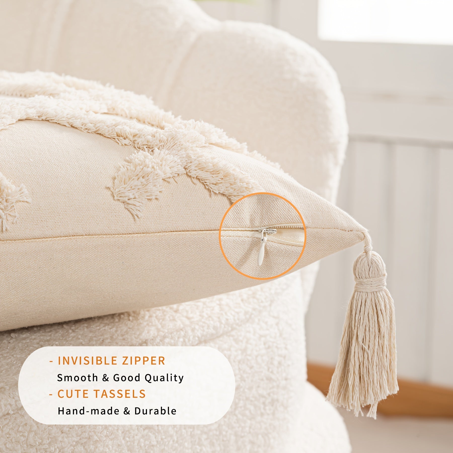 Beige Throw Pillow Covers 18×18 Inch, Set of 4 Boho Decorative Pillow Case, Farmhouse Cushion Cover with Tassels, Home Decor for Bedroom, Living Room, Sofa, Couch, Office, Hotel, RV, No Insert