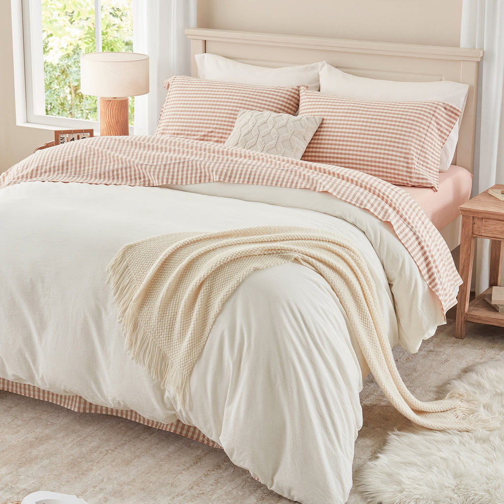4-Piece Gingham, Fitted Sheet Set ( 1*Deep Pocket Flat Sheet + 1* Fitted Sheet + 2*Pillowcases, Without Core) - 100% Washed Cotton, Ultra-Soft .Machine Washable,Breathable, Comfortable, For Bedroom, Guest Room