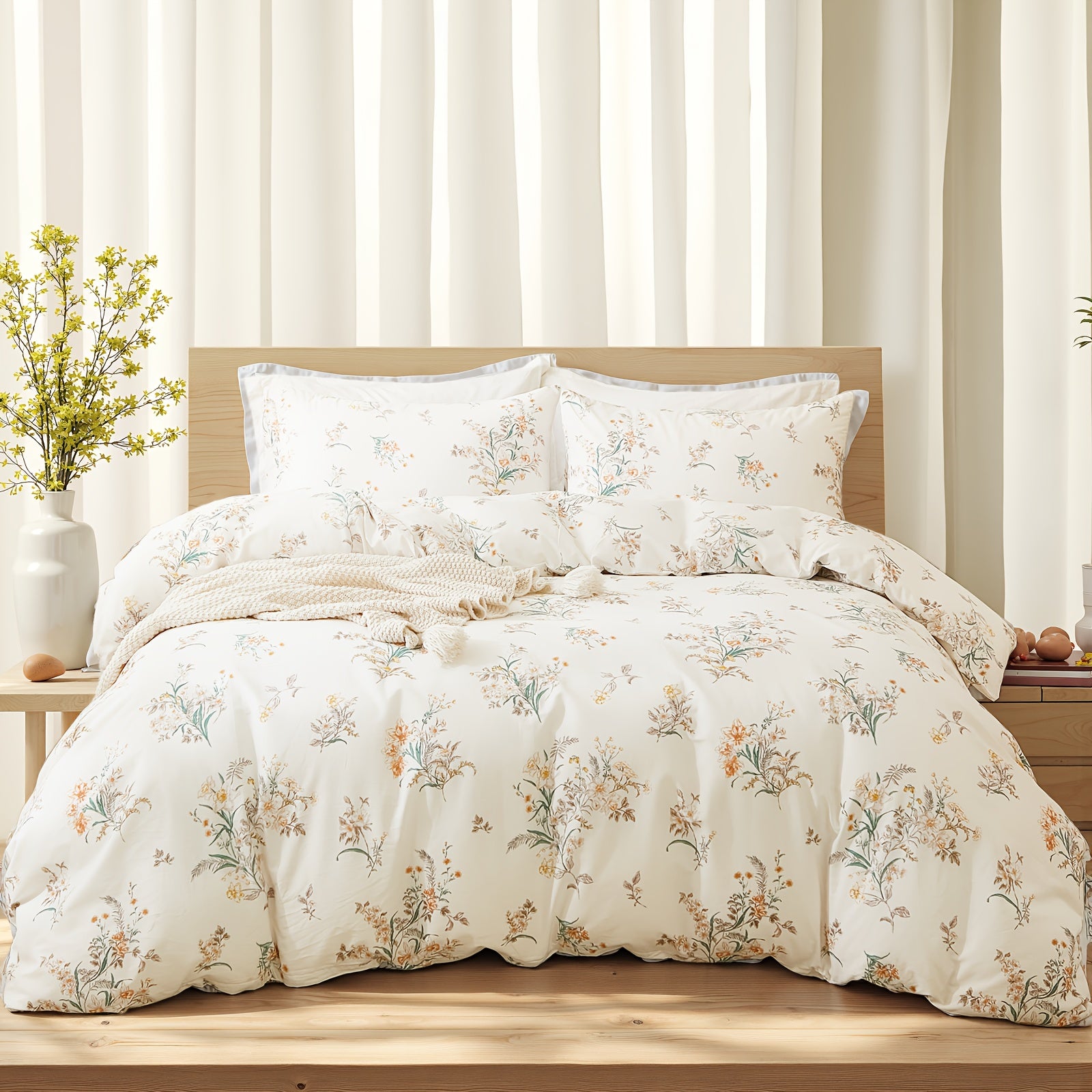 Herside Floral Duvet Cover Set 100% Cotton Reversible Floral Duvet Cover Set with Zipper Closure 3pcs Soft & Breathable Bedding Comforter Cover