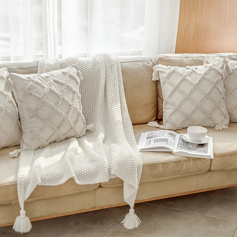 Beige Throw Pillow Covers 18×18 Inch, Set of 4 Boho Decorative Pillow Case, Farmhouse Cushion Cover with Tassels, Home Decor for Bedroom, Living Room, Sofa, Couch, Office, Hotel, RV, No Insert