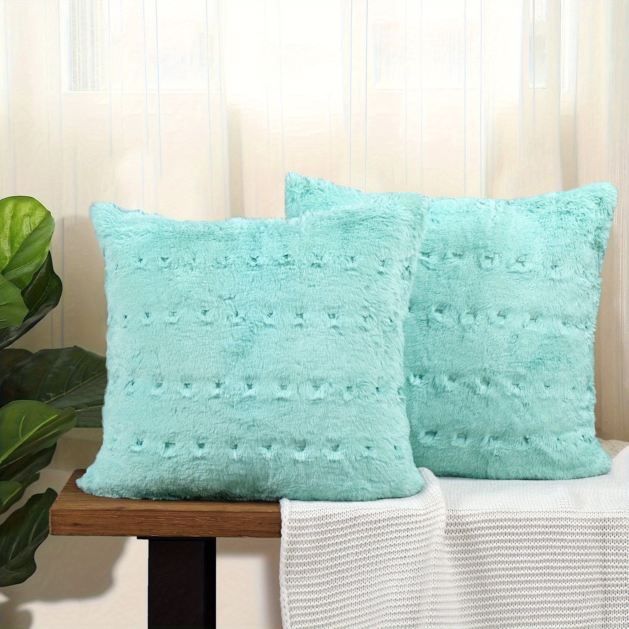 2pcs Stitching Jacquard Plush Fuzzy Faux Fur Throw Pillow Covers Set with Velvet Backing (NO INSERT) with Velvet Backing, Soft Decorative Square Cushion Cover Case for Couch Bed Chair Sofa