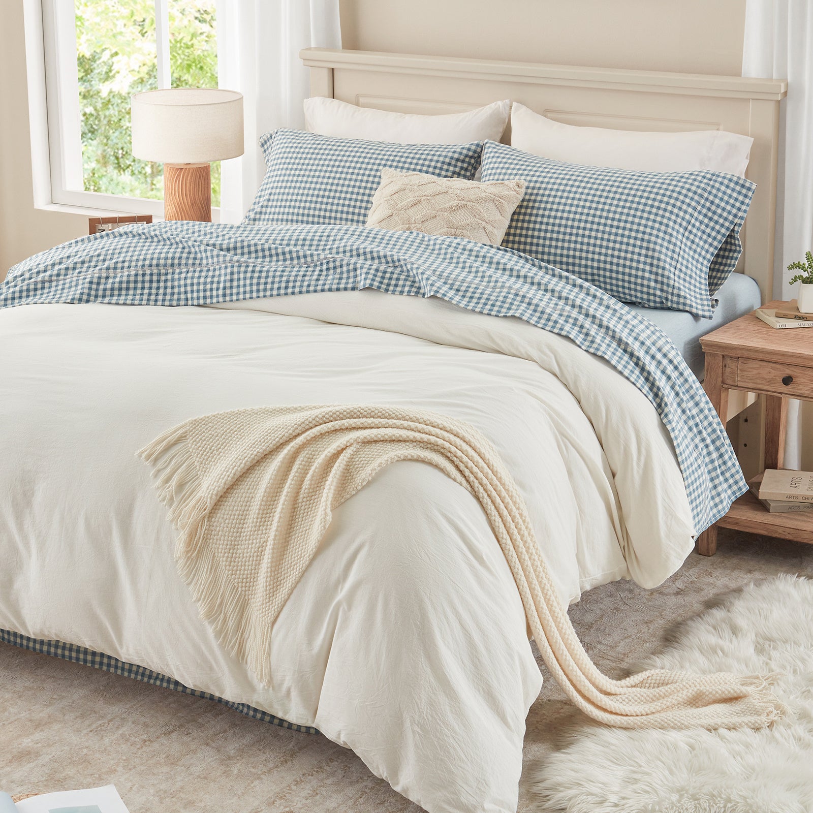 4-Piece Gingham, Fitted Sheet Set ( 1*Deep Pocket Flat Sheet + 1* Fitted Sheet + 2*Pillowcases, Without Core) - 100% Washed Cotton, Ultra-Soft .Machine Washable,Breathable, Comfortable, For Bedroom, Guest Room