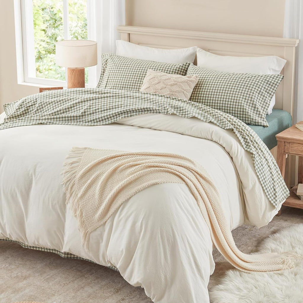 4-Piece Gingham, Fitted Sheet Set ( 1*Deep Pocket Flat Sheet + 1* Fitted Sheet + 2*Pillowcases, Without Core) - 100% Washed Cotton, Ultra-Soft .Machine Washable,Breathable, Comfortable, For Bedroom, Guest Room