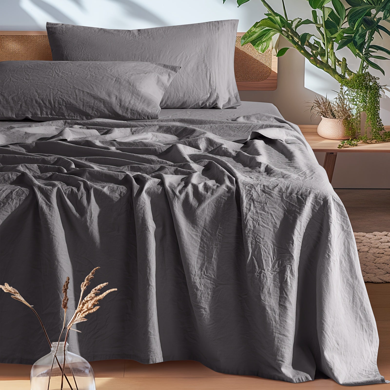 Cotton Linen Bed Sheets Set, Bed Sheets 4pcs Set, Solid Color Natural Flax Cotton Blend Soft Breathable Bedding, 16 Inches Deep Pocket, All Season