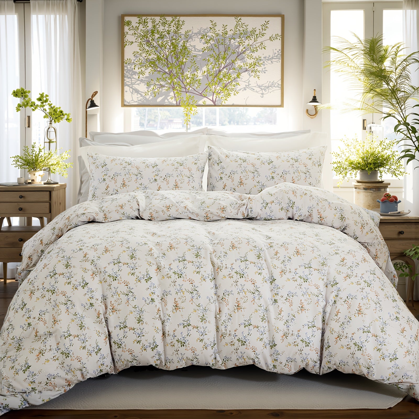 Herside Floral Duvet Cover Set 100% Cotton Reversible Floral Duvet Cover Set with Zipper Closure 3pcs Soft & Breathable Bedding Comforter Cover