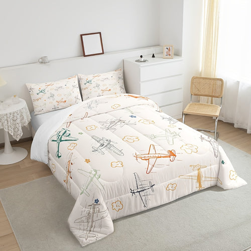 2\u002F3pcs Aircraft Comfortable Bedding for Twin\u002FFull\u002FQueen Size, Airplane Print Comforter for Room Decor Aircraft Flying Theme Blanket Microfiber Sketch Style Khaki Yellow Set Bedroom (1 Comforter Set & 1\u002F 2 Pillowcases)