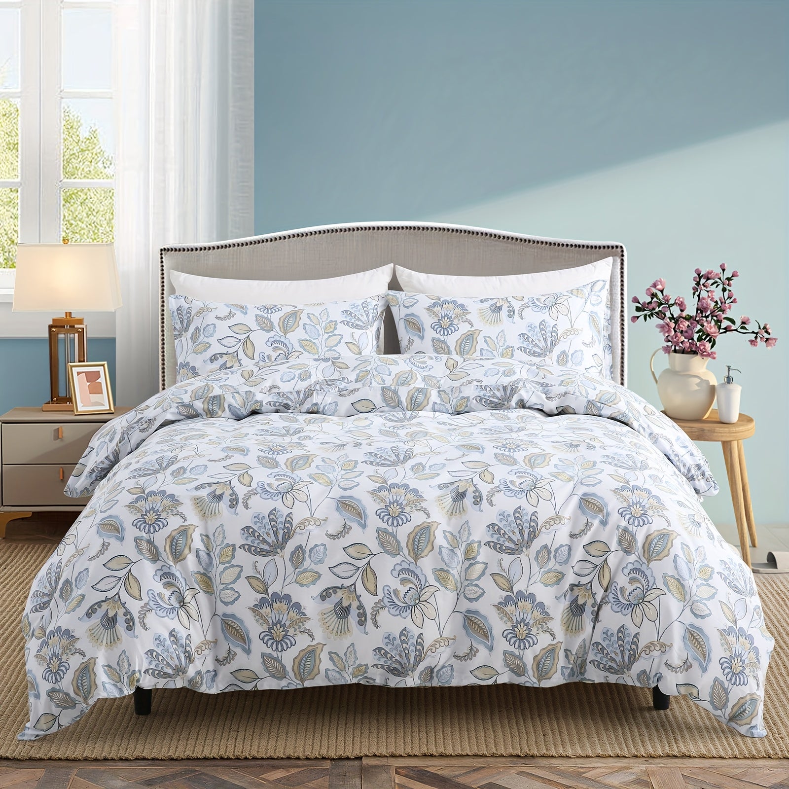 Herside Floral Duvet Cover Set 100% Cotton Reversible Floral Duvet Cover Set with Zipper Closure 3pcs Soft & Breathable Bedding Comforter Cover