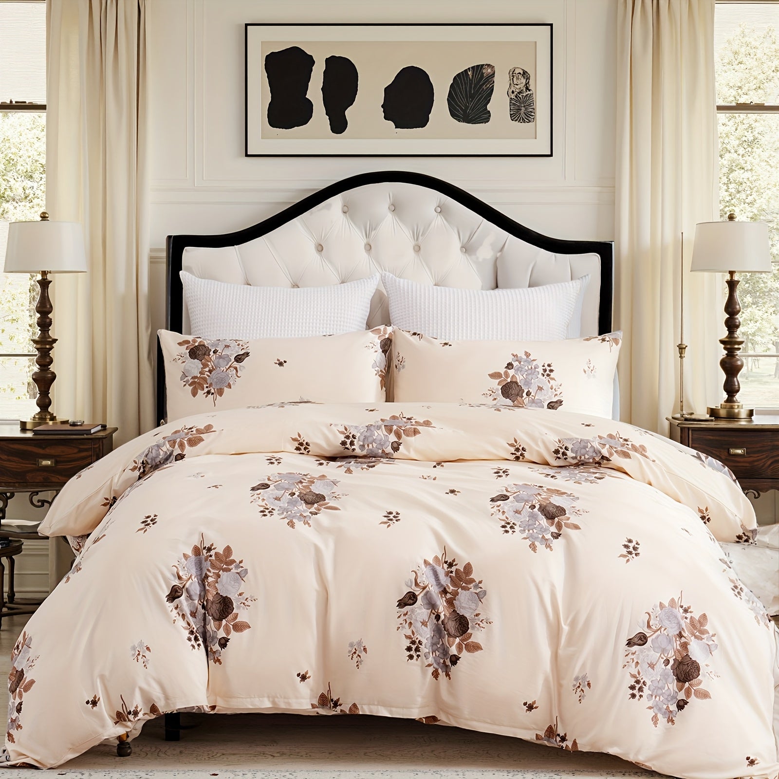 Herside Floral Duvet Cover Set 100% Cotton Reversible Floral Duvet Cover Set with Zipper Closure 3pcs Soft & Breathable Bedding Comforter Cover