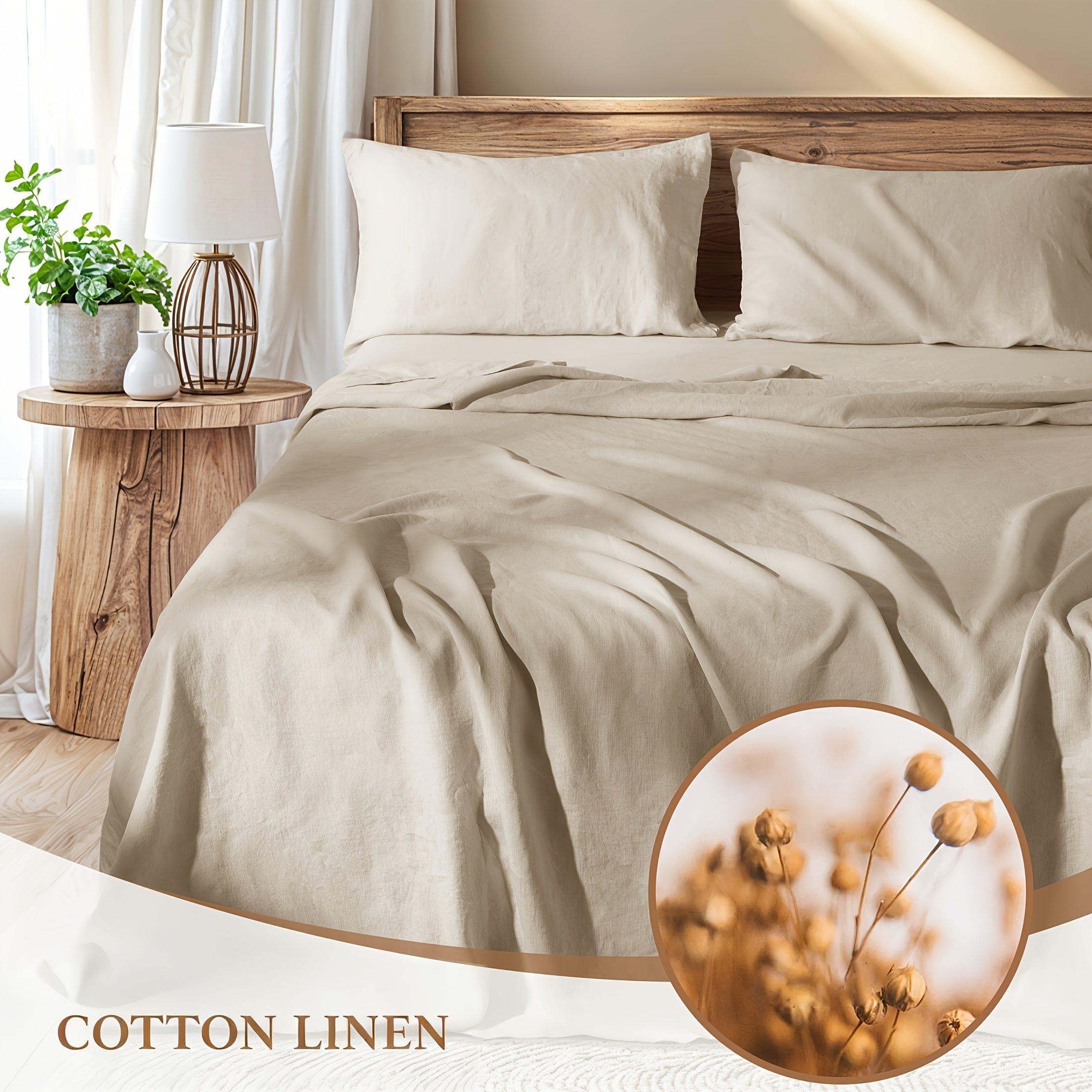 Cotton Linen Bed Sheets Set, Bed Sheets 4pcs Set, Solid Color Natural Flax Cotton Blend Soft Breathable Bedding, 16 Inches Deep Pocket, All Season