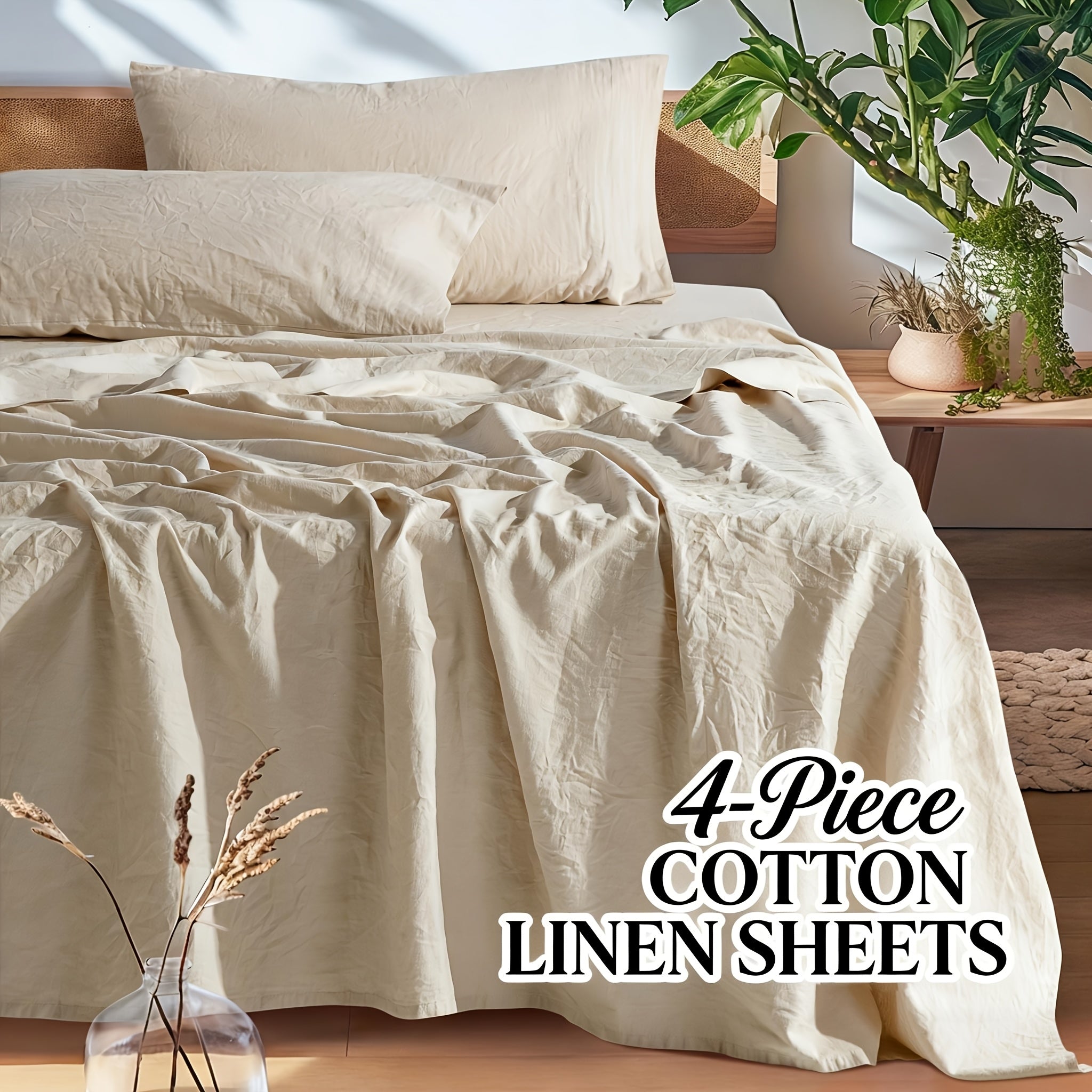 Cotton Linen Bed Sheets Set, Bed Sheets 4pcs Set, Solid Color Natural Flax Cotton Blend Soft Breathable Bedding, 16 Inches Deep Pocket, All Season