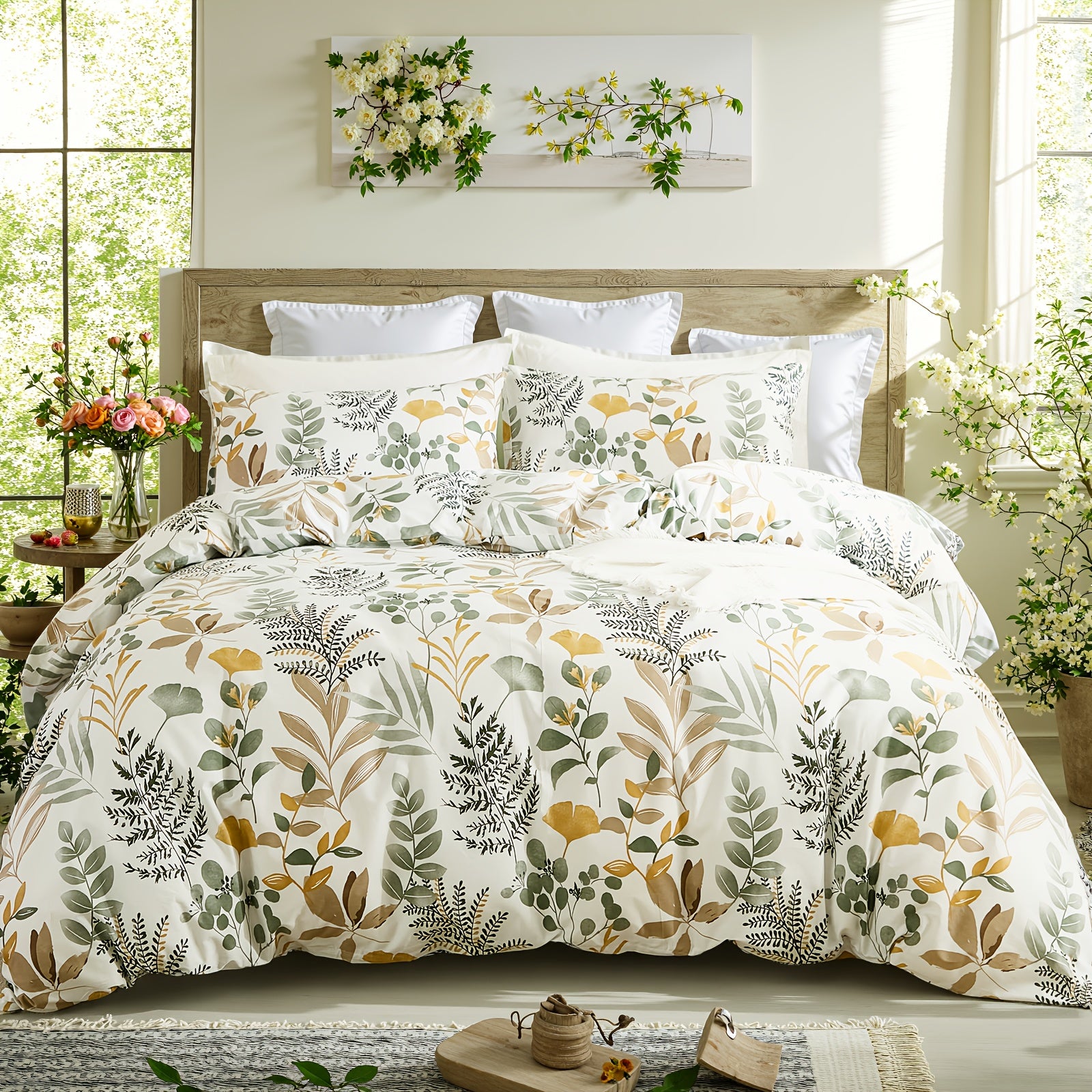 Herside Floral Duvet Cover Set 100% Cotton Reversible Floral Duvet Cover Set with Zipper Closure 3pcs Soft & Breathable Bedding Comforter Cover