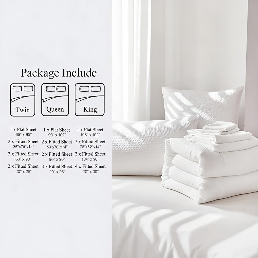 This Luxurious 7pcs Bedding Features a Waffle Grid Design in a Solid Color, Including a Flat Sheet, a Comforter, a Fitted Sheet, And Four Pillowcases (Pillow Inserts Not Included). It Is a Down Alternative Quilt Suitable for All Seasons