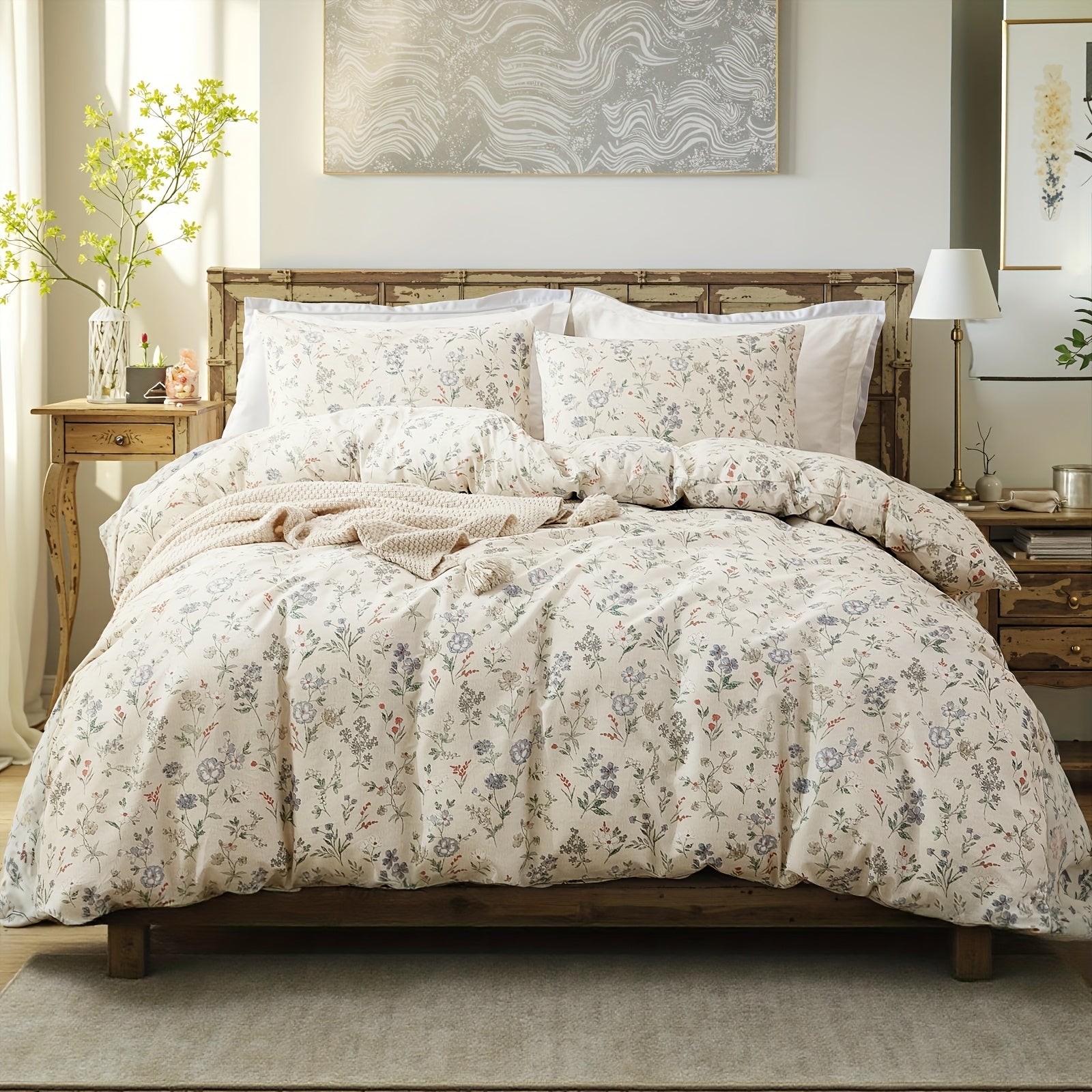 Herside Floral Duvet Cover Set 100% Cotton Reversible Floral Duvet Cover Set with Zipper Closure 3pcs Soft & Breathable Bedding Comforter Cover