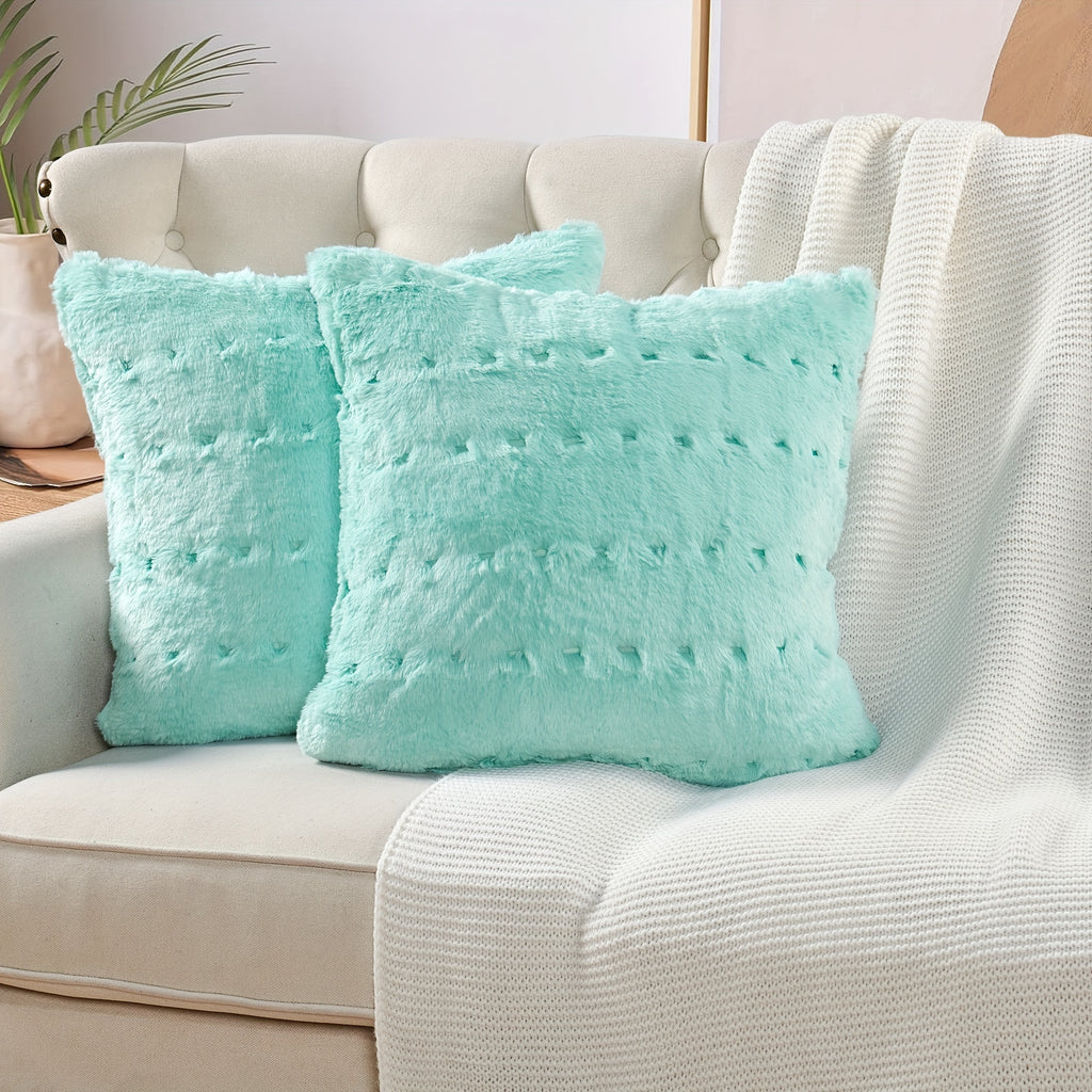 2pcs Stitching Jacquard Plush Fuzzy Faux Fur Throw Pillow Covers Set with Velvet Backing (NO INSERT) with Velvet Backing, Soft Decorative Square Cushion Cover Case for Couch Bed Chair Sofa