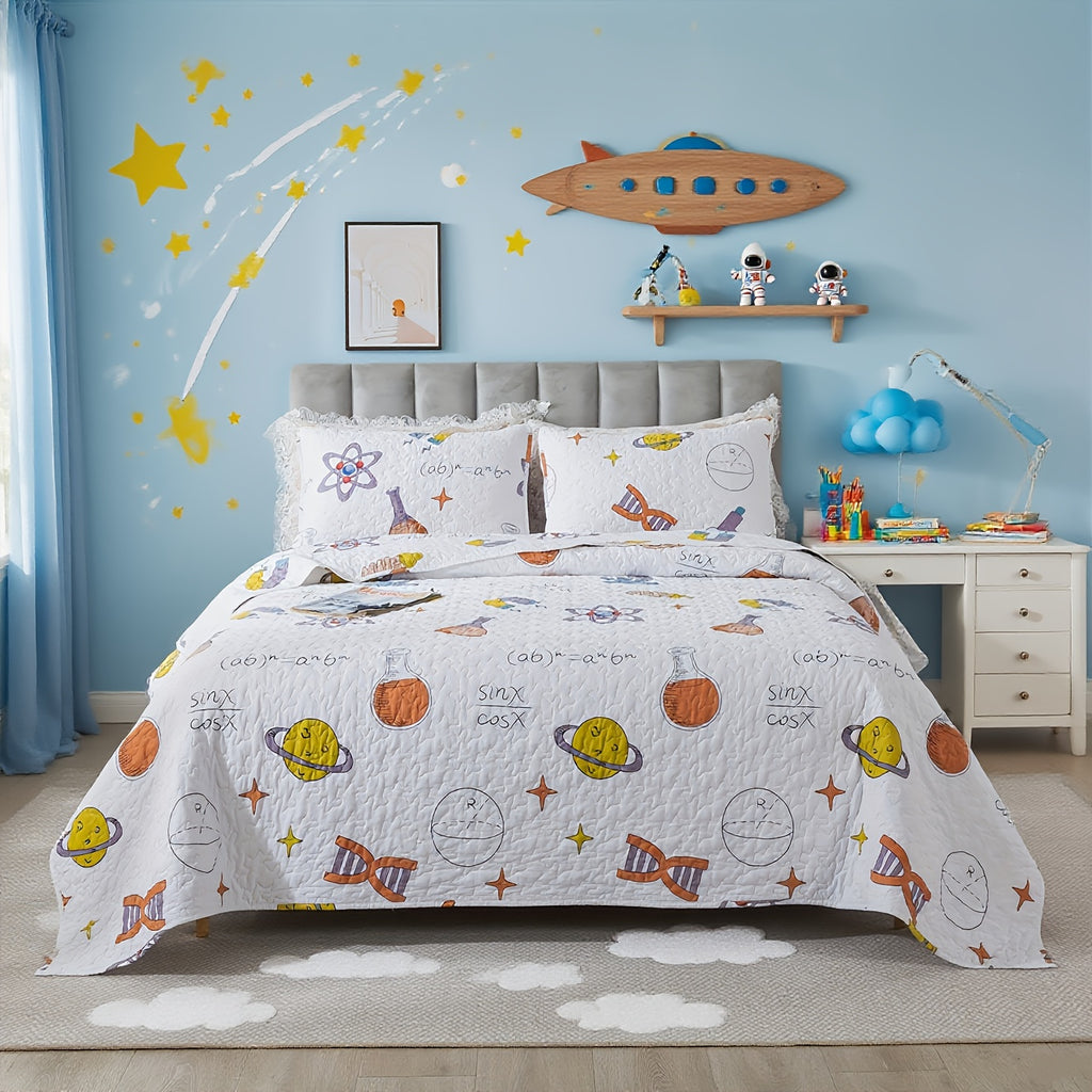 2\u002F3pcs 100% Cotton Popular Science Theme White Quilt Set, Science Symbol Maths Formula Print Modern Summer Bedspread Set, Soft Breathable Lightweight Neutral Coverlet Bedding Sets, for All Season, Twin Queen King, (Twin Is 2pcs)