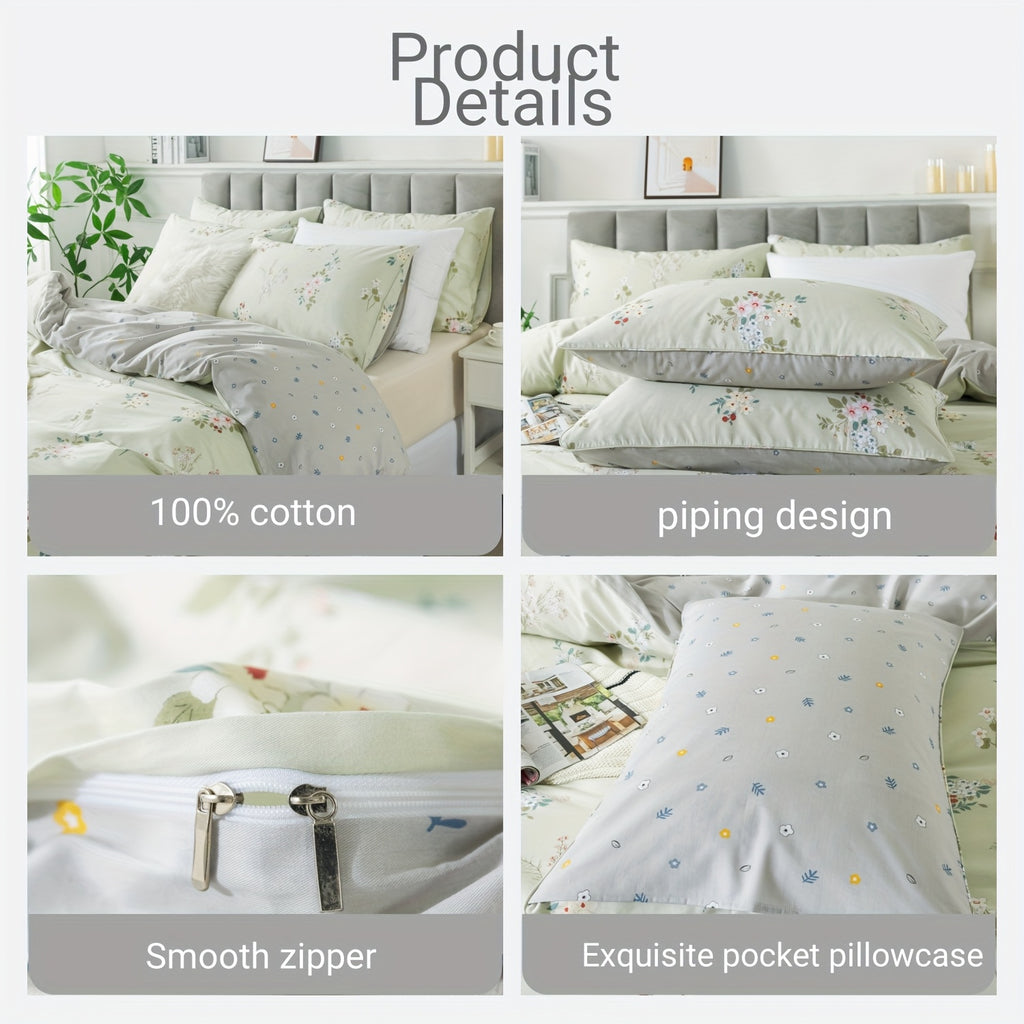 Elegant Floral Print Duvet Cover Set 3pcs, 100% Cotton Breathable All-Season Bedding With Zipper Closure, Machine Washable, Includes 1 Duvet Cover And 2 Pillowcases (No Insert)