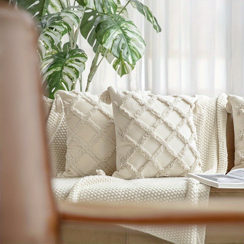 Beige Throw Pillow Covers 18×18 Inch, Set of 4 Boho Decorative Pillow Case, Farmhouse Cushion Cover with Tassels, Home Decor for Bedroom, Living Room, Sofa, Couch, Office, Hotel, RV, No Insert