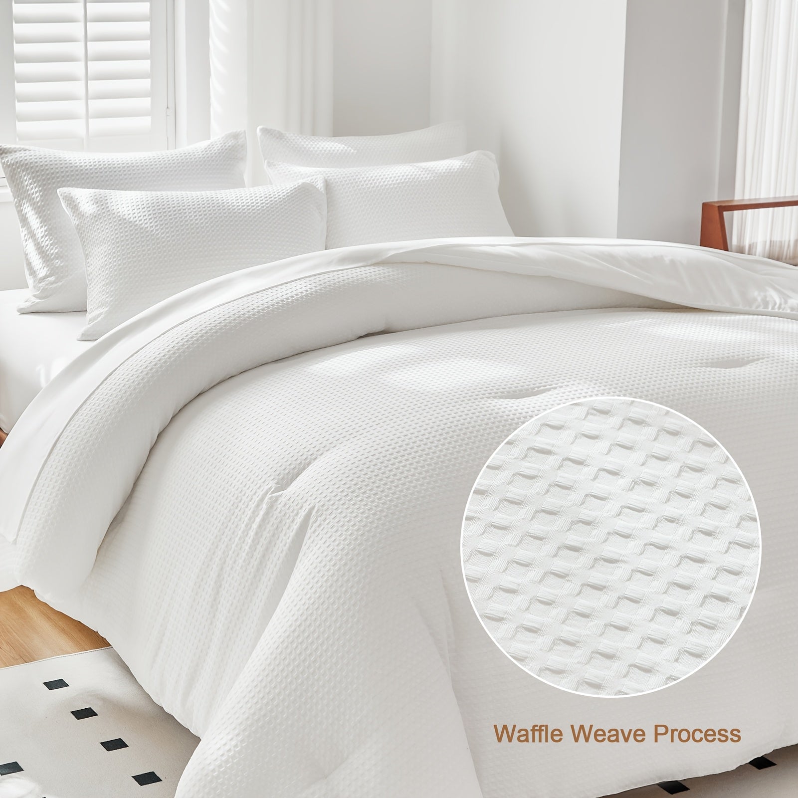 This Luxurious 7pcs Bedding Features a Waffle Grid Design in a Solid Color, Including a Flat Sheet, a Comforter, a Fitted Sheet, And Four Pillowcases (Pillow Inserts Not Included). It Is a Down Alternative Quilt Suitable for All Seasons