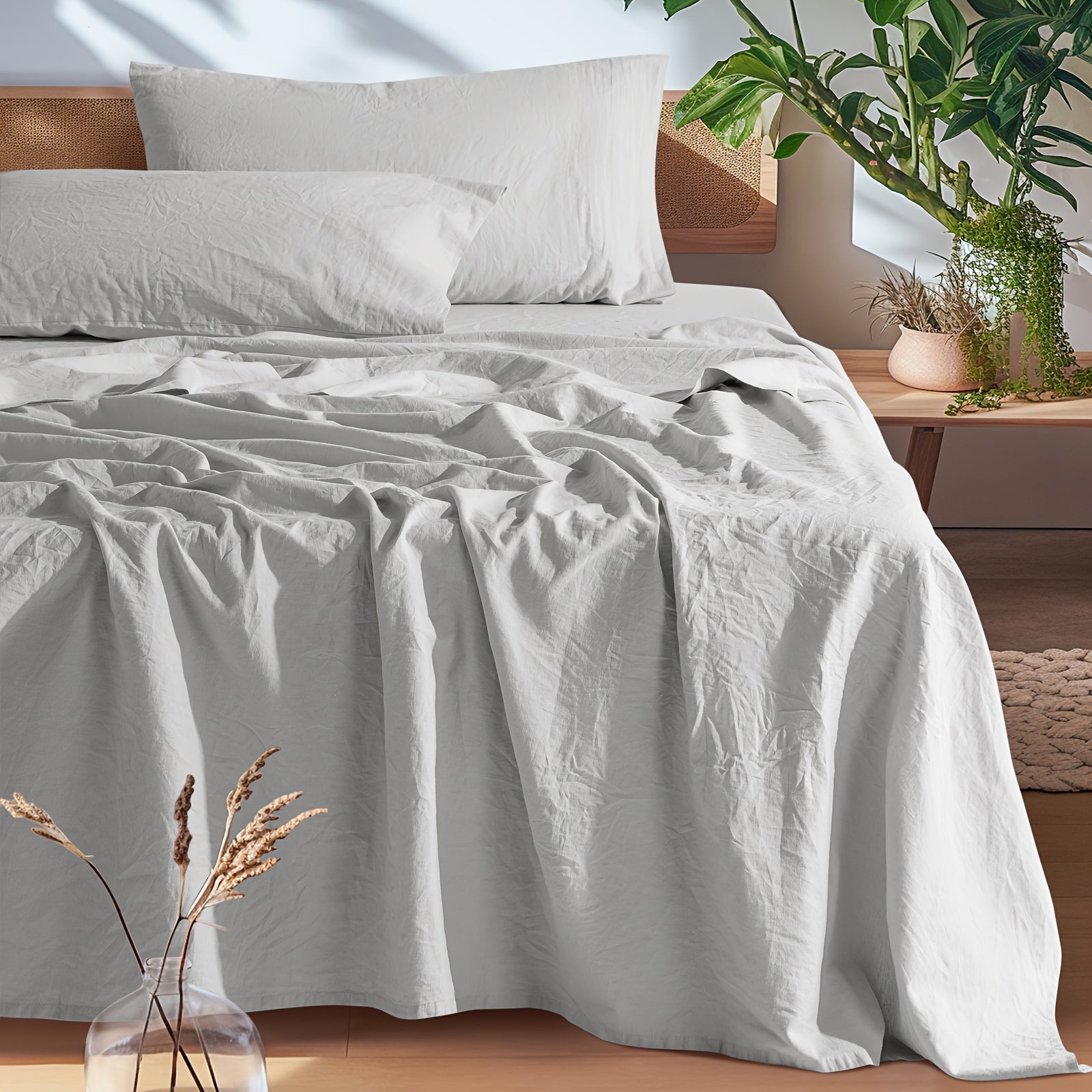 Cotton Linen Bed Sheets Set, Bed Sheets 4pcs Set, Solid Color Natural Flax Cotton Blend Soft Breathable Bedding, 16 Inches Deep Pocket, All Season