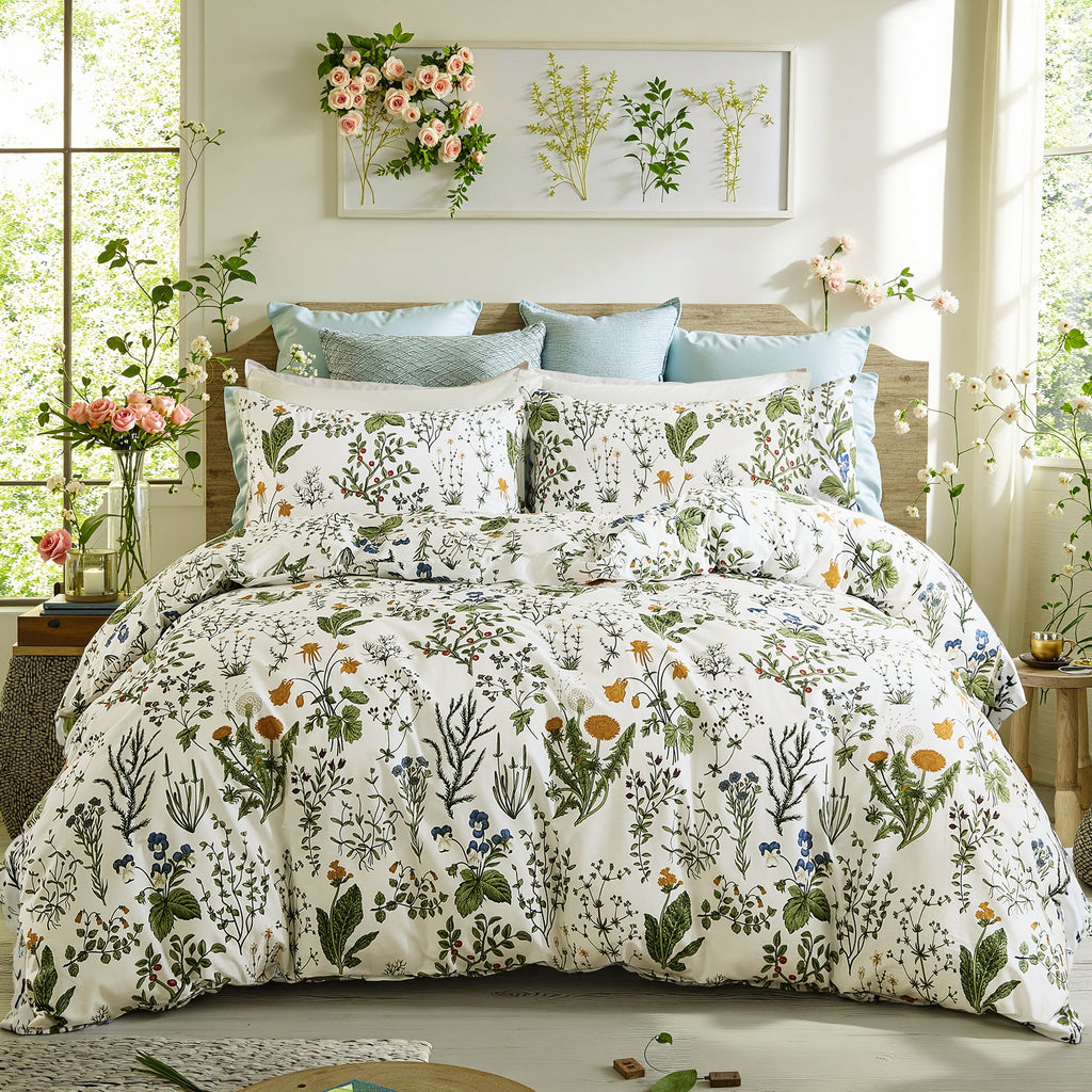 Herside Floral Duvet Cover Set 100% Cotton Reversible Floral Duvet Cover Set with Zipper Closure 3pcs Soft & Breathable Bedding Comforter Cover