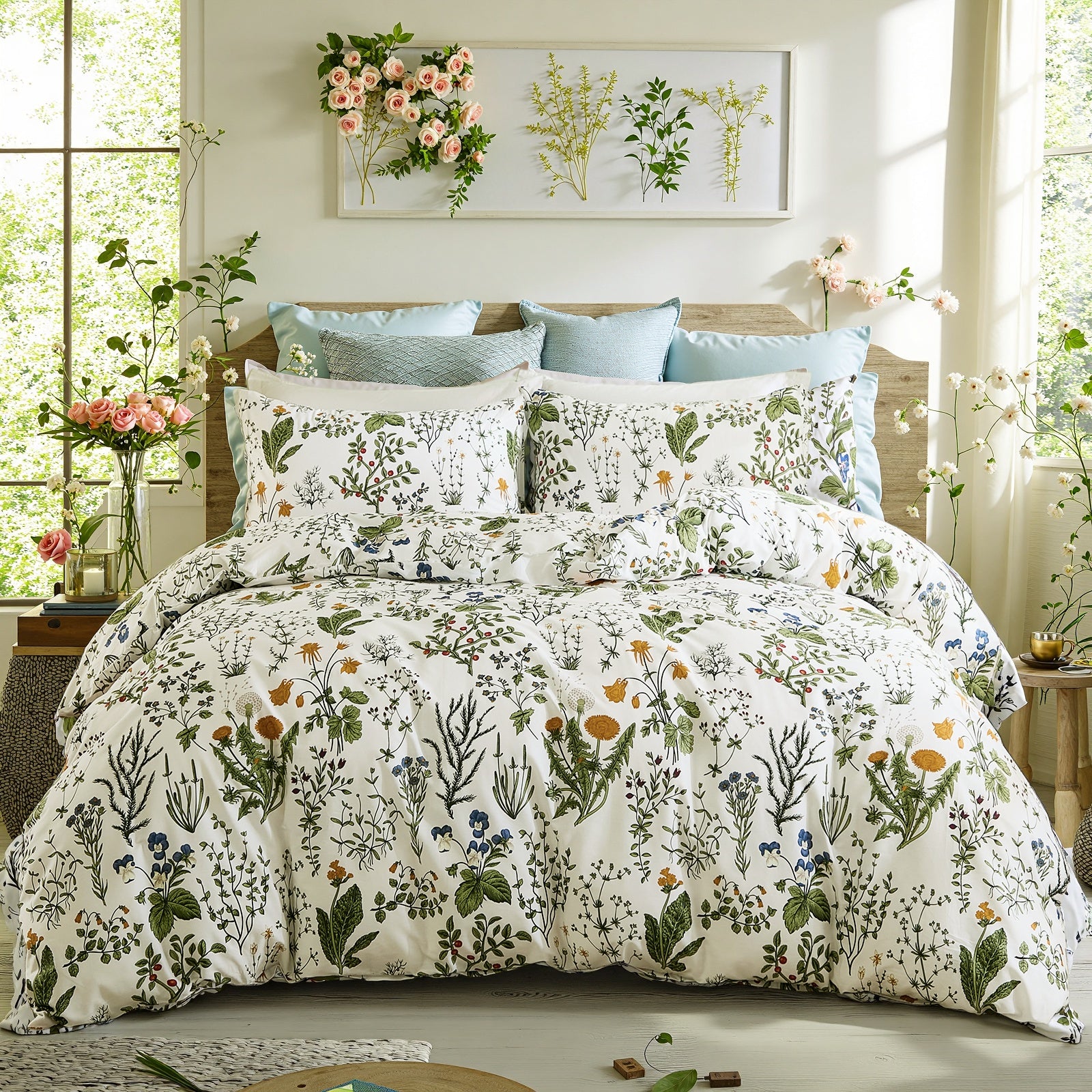 Herside Floral Duvet Cover Set 100% Cotton Reversible Floral Duvet Cover Set with Zipper Closure 3pcs Soft & Breathable Bedding Comforter Cover