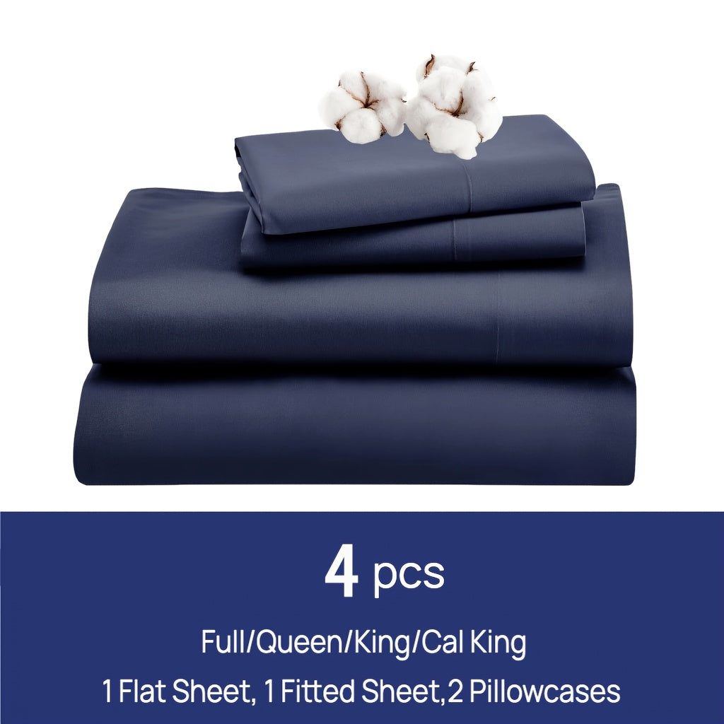 Set of 4 Sheets Made from 100% Cotton, Available in Full, Queen, King, And California King Sizes. These Luxury Cotton Bed Sheets Are Breathable And Come with Pillowcases, Featuring an 18-Inch Deep Pocket. The Set Includes 1 Fitted Sheet