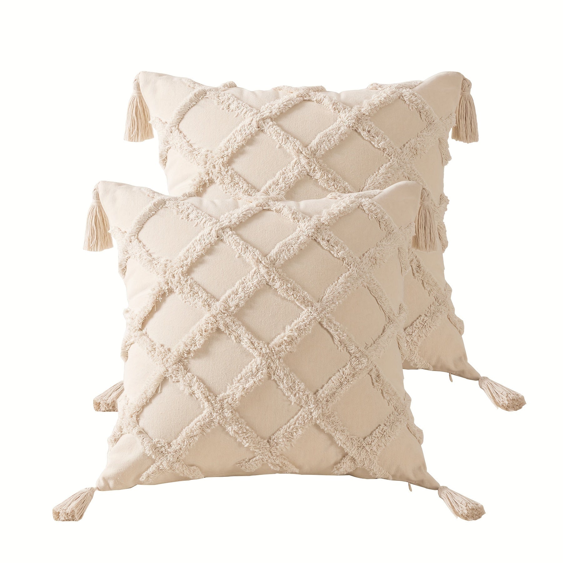 Beige Throw Pillow Covers 18×18 Inch, Set of 4 Boho Decorative Pillow Case, Farmhouse Cushion Cover with Tassels, Home Decor for Bedroom, Living Room, Sofa, Couch, Office, Hotel, RV, No Insert