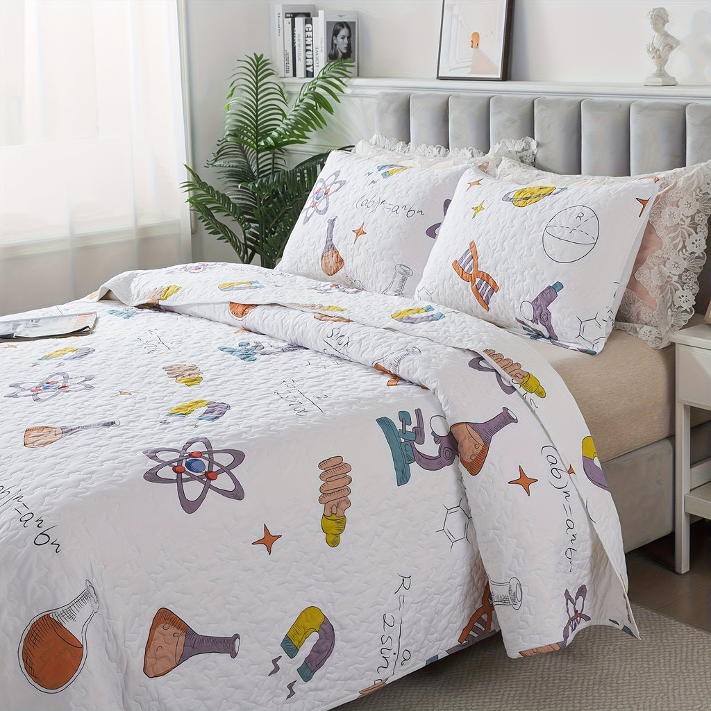 2\u002F3pcs 100% Cotton Popular Science Theme White Quilt Set, Science Symbol Maths Formula Print Modern Summer Bedspread Set, Soft Breathable Lightweight Neutral Coverlet Bedding Sets, for All Season, Twin Queen King, (Twin Is 2pcs)