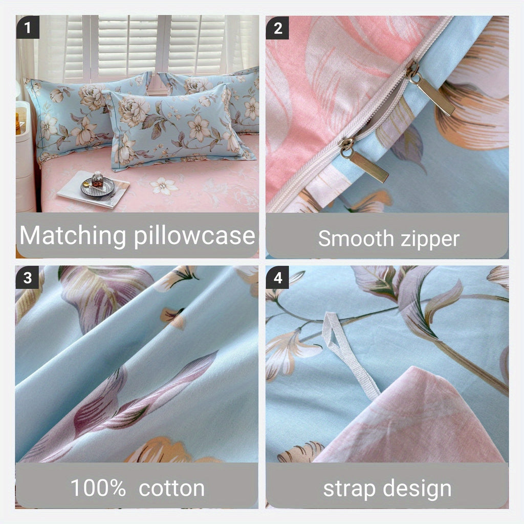 Elegant Floral Print Duvet Cover Set 3pcs, 100% Cotton Breathable All-Season Bedding With Zipper Closure, Machine Washable, Includes 1 Duvet Cover And 2 Pillowcases (No Insert)