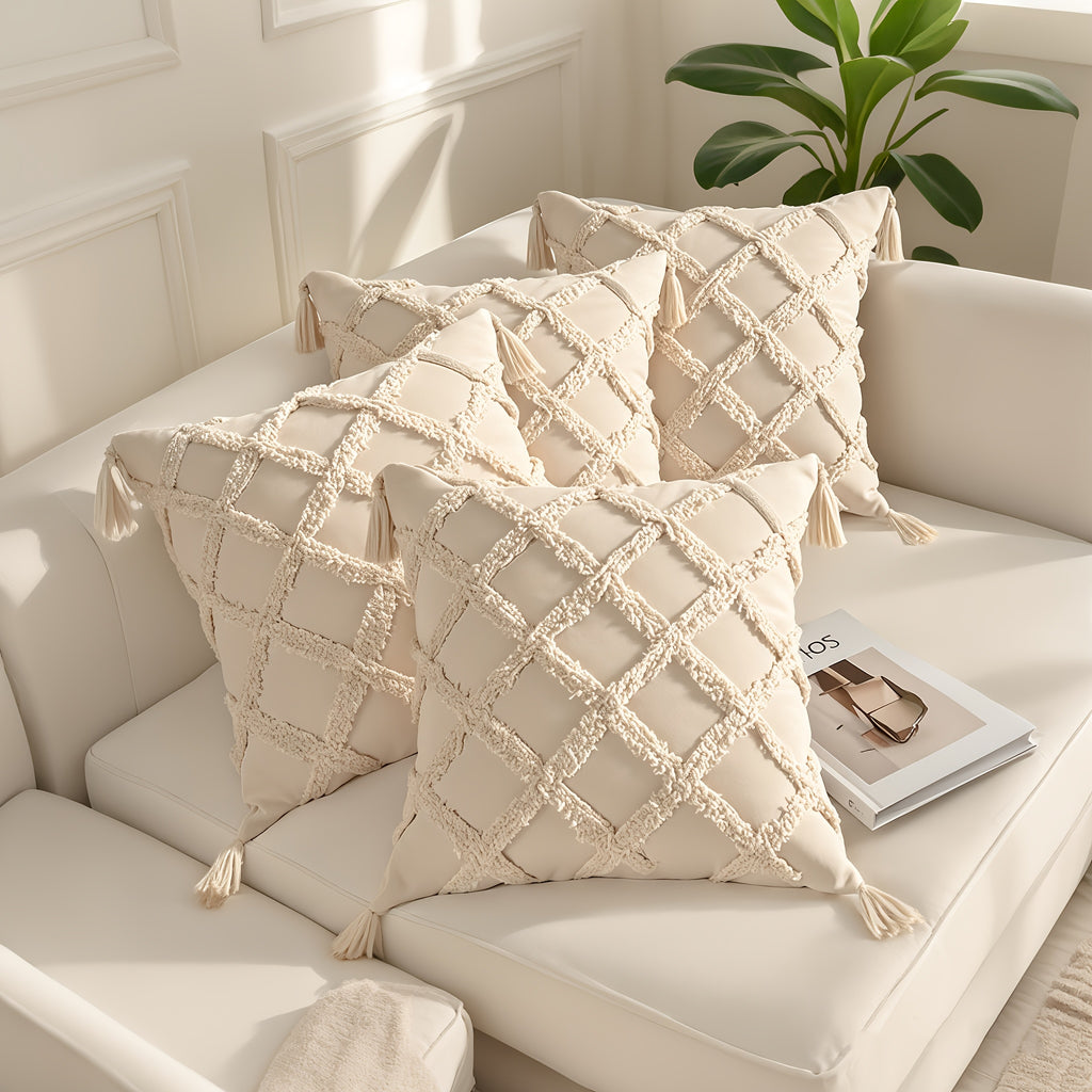 Beige Throw Pillow Covers 18×18 Inch, Set of 4 Boho Decorative Pillow Case, Farmhouse Cushion Cover with Tassels, Home Decor for Bedroom, Living Room, Sofa, Couch, Office, Hotel, RV, No Insert