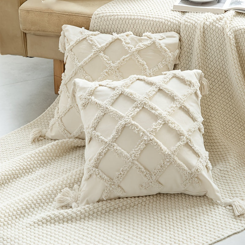 Beige Throw Pillow Covers 18×18 Inch, Set of 4 Boho Decorative Pillow Case, Farmhouse Cushion Cover with Tassels, Home Decor for Bedroom, Living Room, Sofa, Couch, Office, Hotel, RV, No Insert