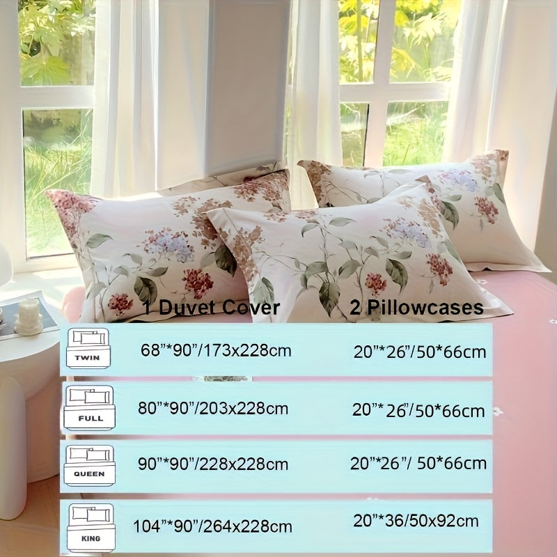 Elegant Floral Print Duvet Cover Set 3pcs, 100% Cotton Breathable All-Season Bedding With Zipper Closure, Machine Washable, Includes 1 Duvet Cover And 2 Pillowcases (No Insert)