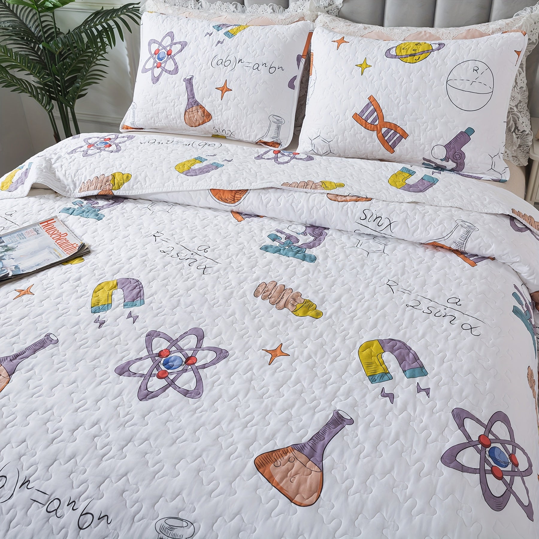 2\u002F3pcs 100% Cotton Popular Science Theme White Quilt Set, Science Symbol Maths Formula Print Modern Summer Bedspread Set, Soft Breathable Lightweight Neutral Coverlet Bedding Sets, for All Season, Twin Queen King, (Twin Is 2pcs)