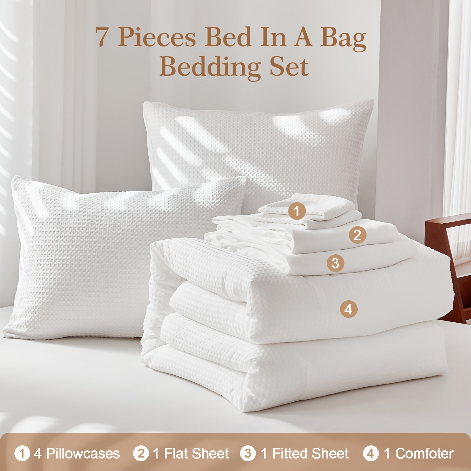 This Luxurious 7pcs Bedding Features a Waffle Grid Design in a Solid Color, Including a Flat Sheet, a Comforter, a Fitted Sheet, And Four Pillowcases (Pillow Inserts Not Included). It Is a Down Alternative Quilt Suitable for All Seasons