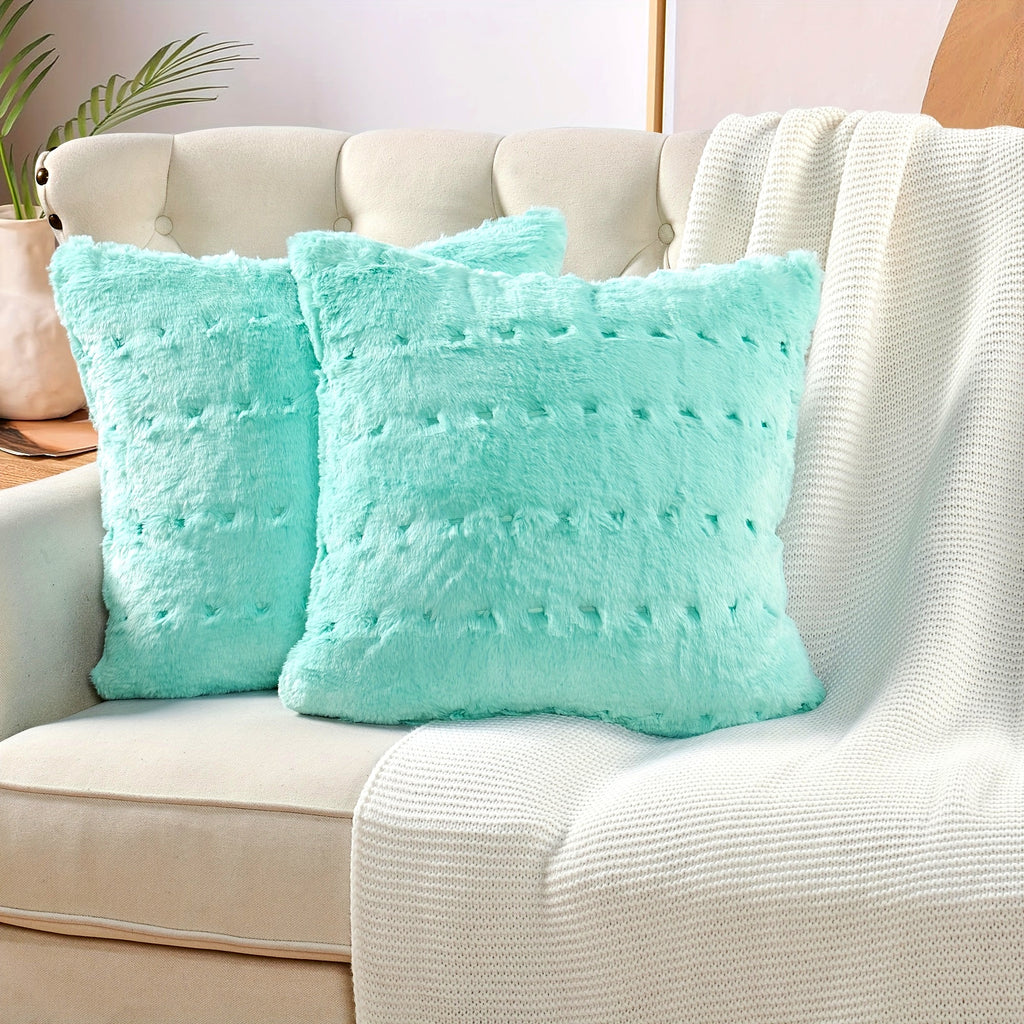 2pcs Stitching Jacquard Plush Fuzzy Faux Fur Throw Pillow Covers Set with Velvet Backing (NO INSERT) with Velvet Backing, Soft Decorative Square Cushion Cover Case for Couch Bed Chair Sofa