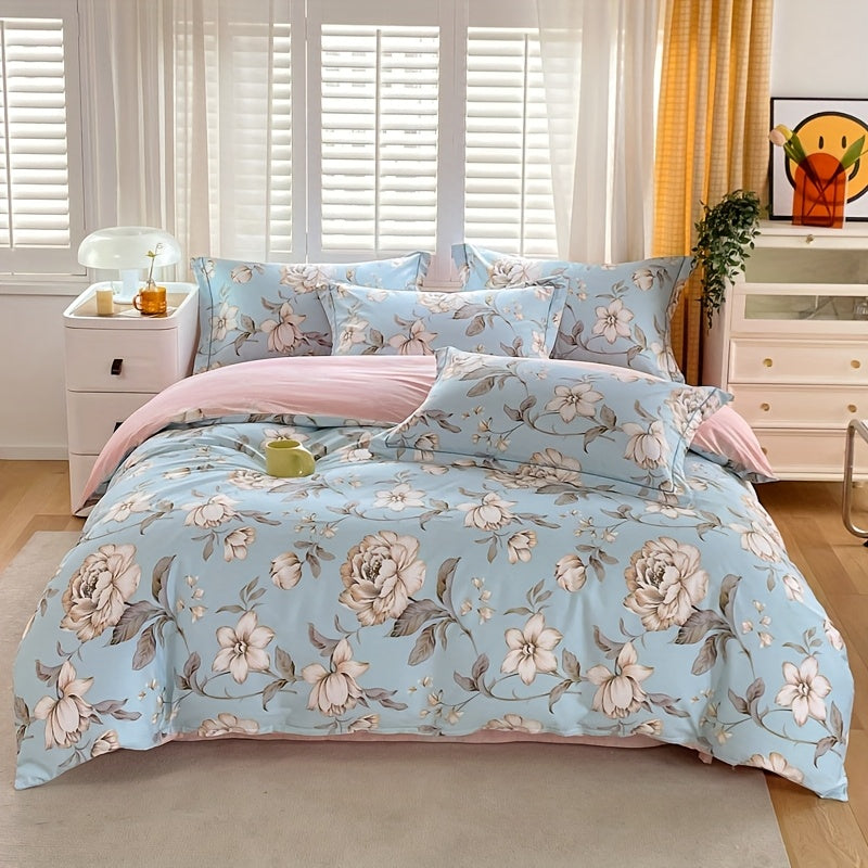 Elegant Floral Print Duvet Cover Set 3pcs, 100% Cotton Breathable All-Season Bedding With Zipper Closure, Machine Washable, Includes 1 Duvet Cover And 2 Pillowcases (No Insert)