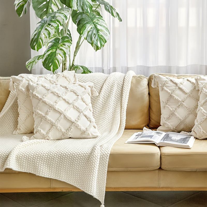 Beige Throw Pillow Covers 18×18 Inch, Set of 4 Boho Decorative Pillow Case, Farmhouse Cushion Cover with Tassels, Home Decor for Bedroom, Living Room, Sofa, Couch, Office, Hotel, RV, No Insert