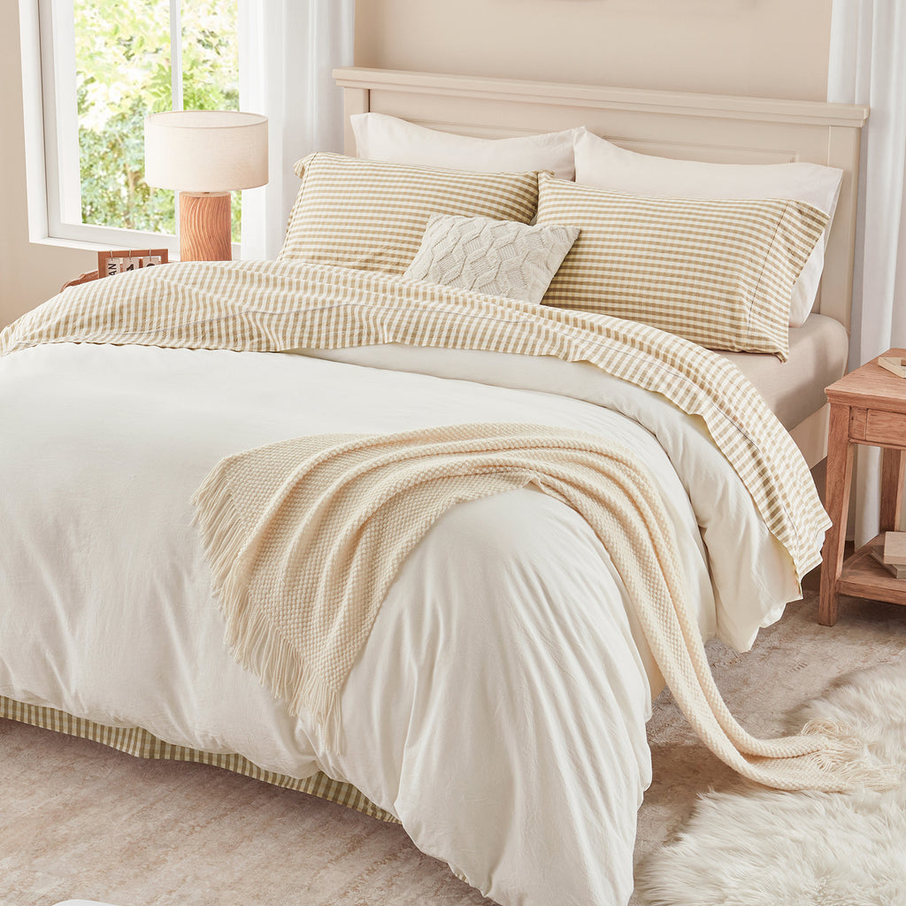 4-Piece Gingham, Fitted Sheet Set ( 1*Deep Pocket Flat Sheet + 1* Fitted Sheet + 2*Pillowcases, Without Core) - 100% Washed Cotton, Ultra-Soft .Machine Washable,Breathable, Comfortable, For Bedroom, Guest Room