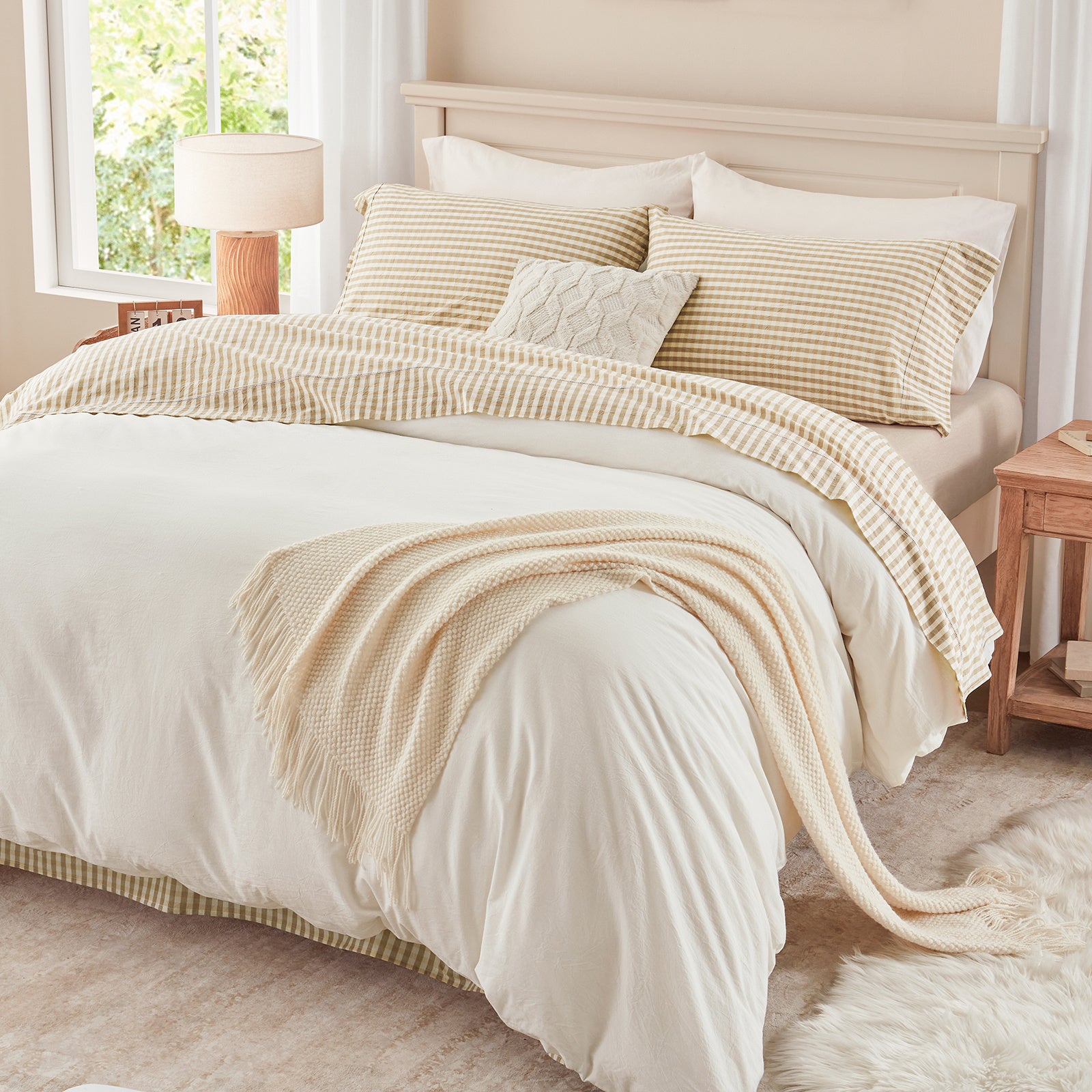 4-Piece Gingham, Fitted Sheet Set ( 1*Deep Pocket Flat Sheet + 1* Fitted Sheet + 2*Pillowcases, Without Core) - 100% Washed Cotton, Ultra-Soft .Machine Washable,Breathable, Comfortable, For Bedroom, Guest Room
