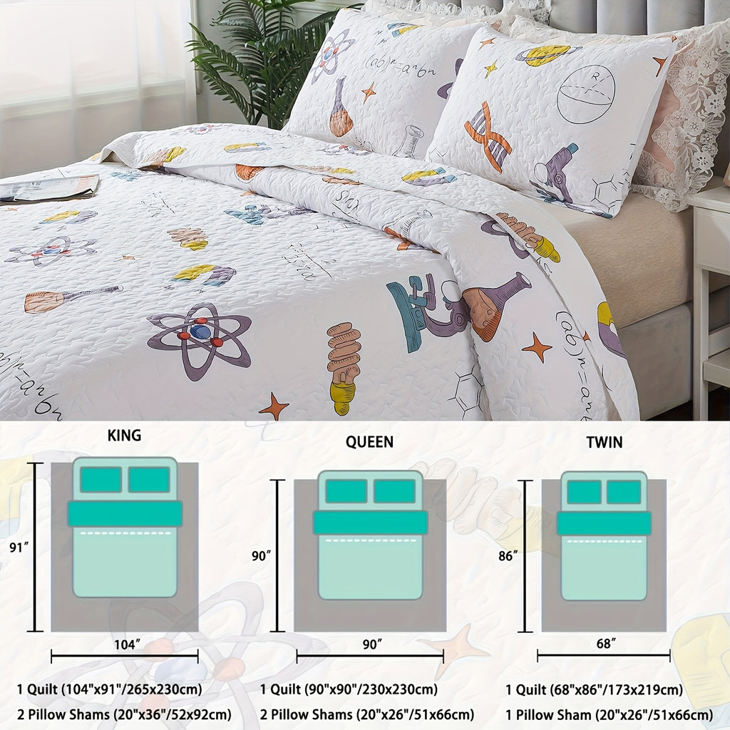 2\u002F3pcs 100% Cotton Popular Science Theme White Quilt Set, Science Symbol Maths Formula Print Modern Summer Bedspread Set, Soft Breathable Lightweight Neutral Coverlet Bedding Sets, for All Season, Twin Queen King, (Twin Is 2pcs)