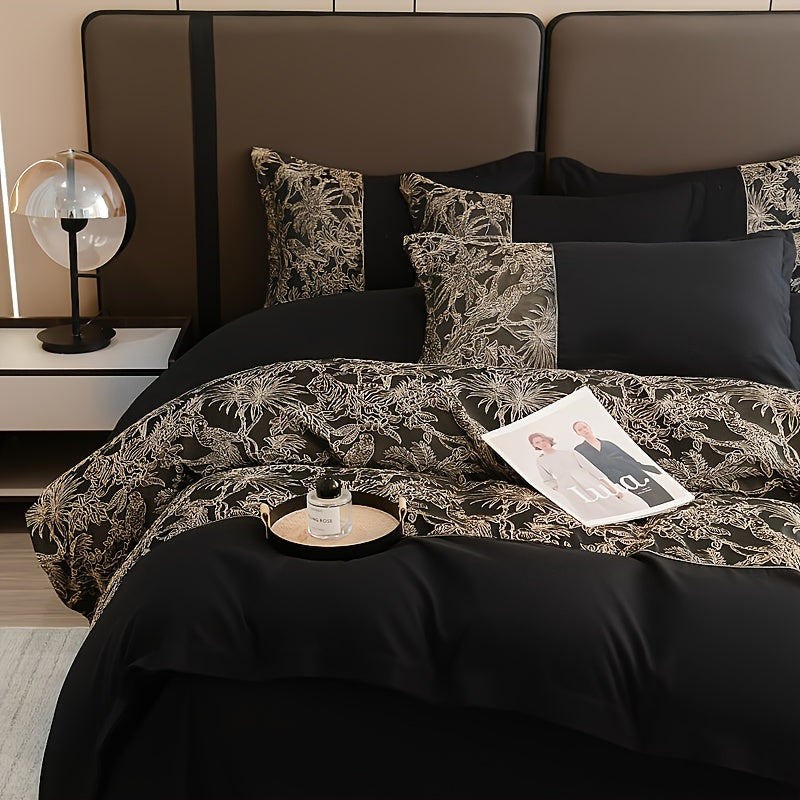 Silky Soft Washed Sea Island Cotton Four-piece Bedding Set with High-end Embroidery Quilt Cover for All Seasons: Includes One Quilt Cover, One Bed Sheet, And Two Pillowcases, Without A Quilt Core