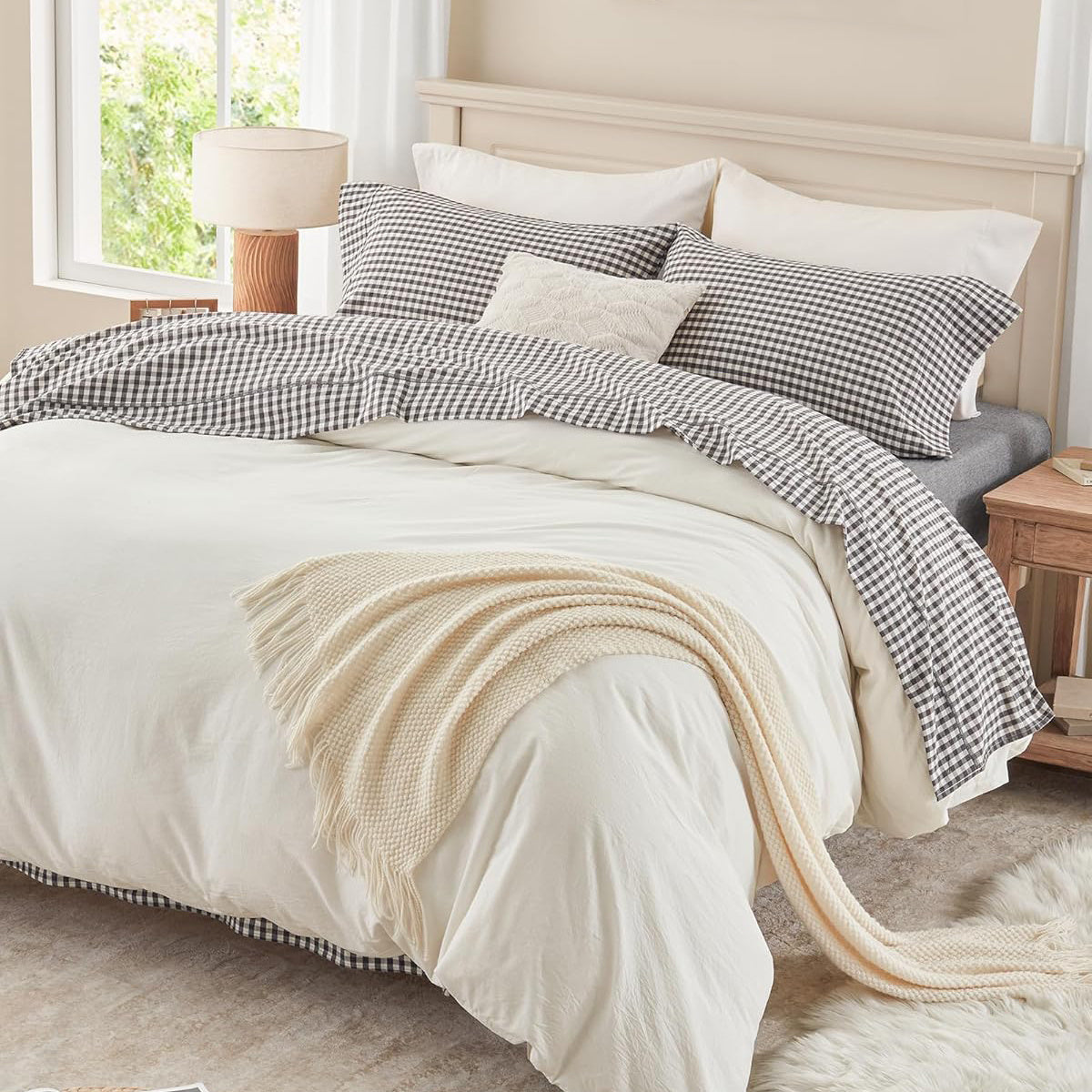 4-Piece Gingham, Fitted Sheet Set ( 1*Deep Pocket Flat Sheet + 1* Fitted Sheet + 2*Pillowcases, Without Core) - 100% Washed Cotton, Ultra-Soft .Machine Washable,Breathable, Comfortable, For Bedroom, Guest Room