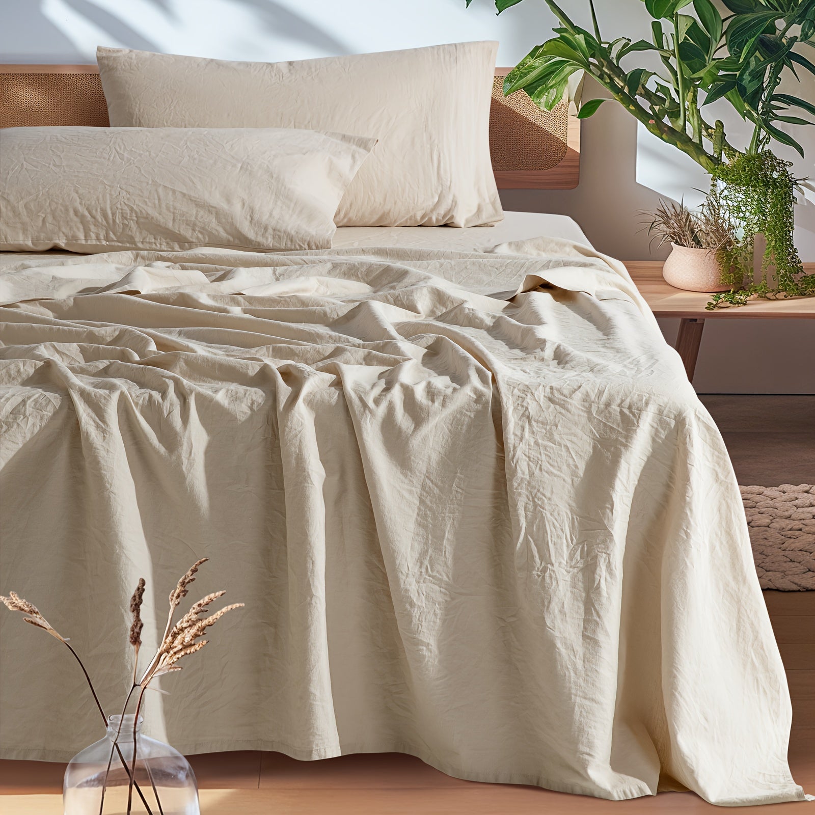 Cotton Linen Bed Sheets Set, Bed Sheets 4pcs Set, Solid Color Natural Flax Cotton Blend Soft Breathable Bedding, 16 Inches Deep Pocket, All Season