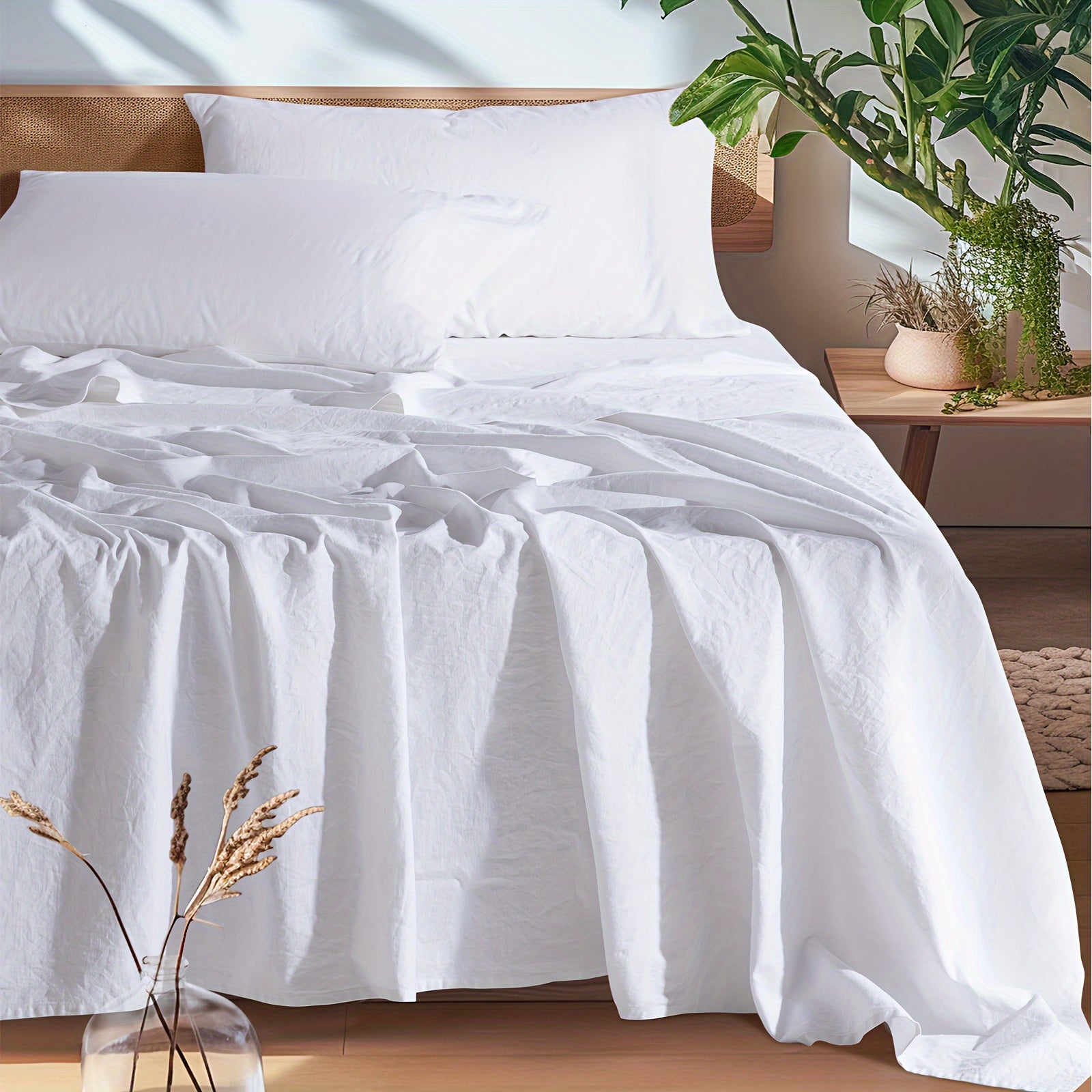 Cotton Linen Bed Sheets Set, Bed Sheets 4pcs Set, Solid Color Natural Flax Cotton Blend Soft Breathable Bedding, 16 Inches Deep Pocket, All Season